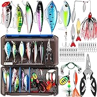 PLUSINNO 68-Piece Fishing Lures Tackle Box Kit - Bass Trout Gifts for Men, Saltwater Freshwater Gear with Topwater Lures Spinnerbaits Hooks