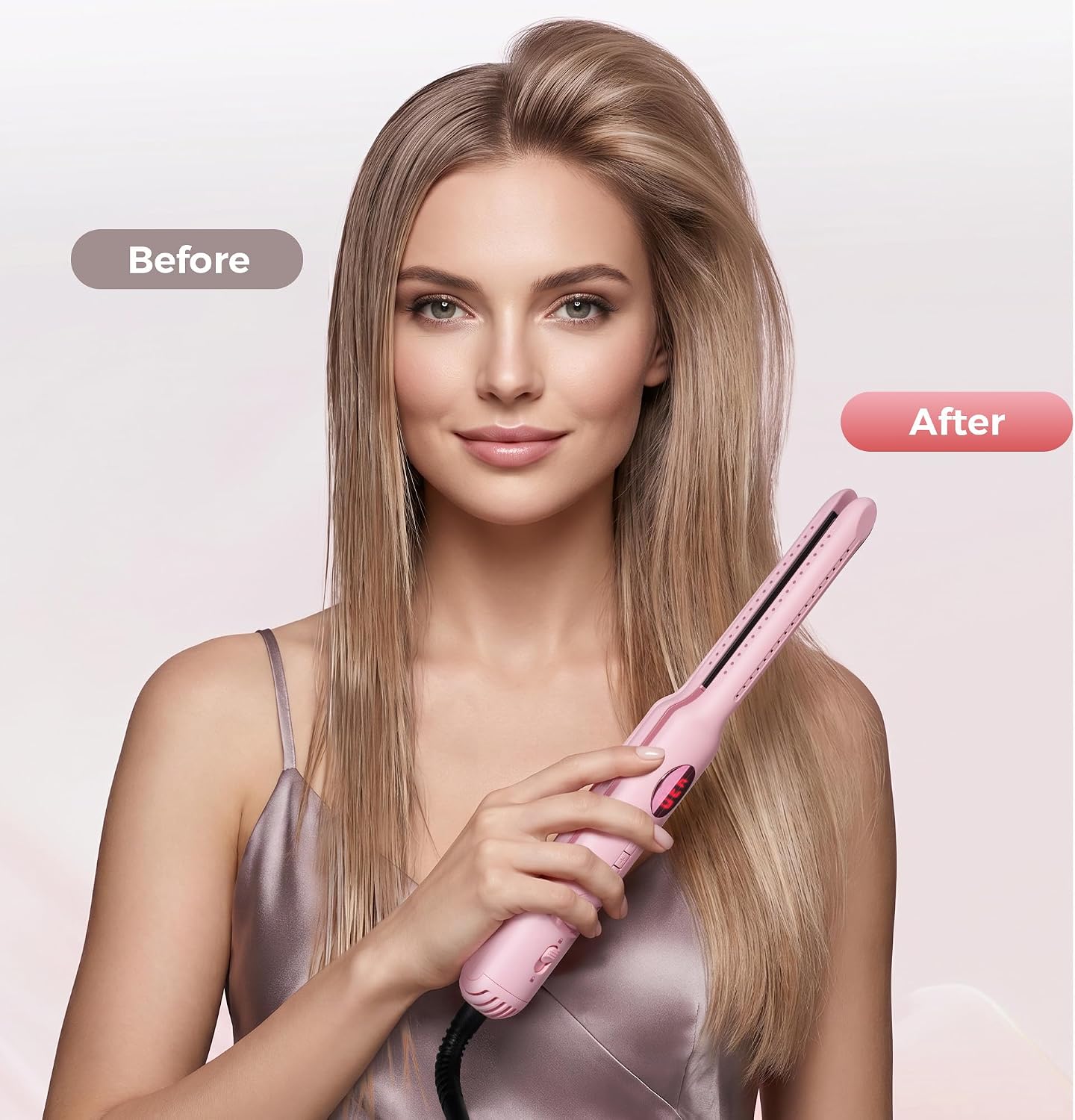 Lanvier Airflow Styler, Mini Curling Iron for Short Hair Pixie Cut & Bangs, 0.65-inch Flat Iron with 360 Degree Cool Air Flow, Dual Voltage 100-240V Global Use 4 Adjustable, Heat up to 430°F - Pink