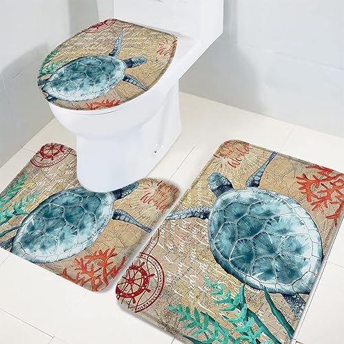Miniatura 3 de Bathroom Rugs Sets 3 Piece Bath Mat,Sea Turtle Nautical Theme Compass Coral Soft Non-Slip Bath Rug Set,Absorbent Shower Rugs Toilet Seat Cover