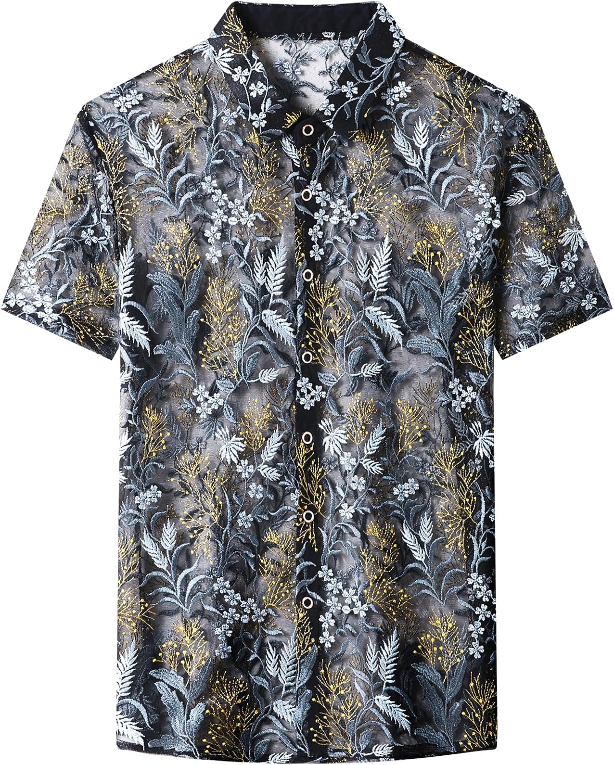 MOKEWEN Men's Punk Elegant See Through Lace Short Sleeve Shirts