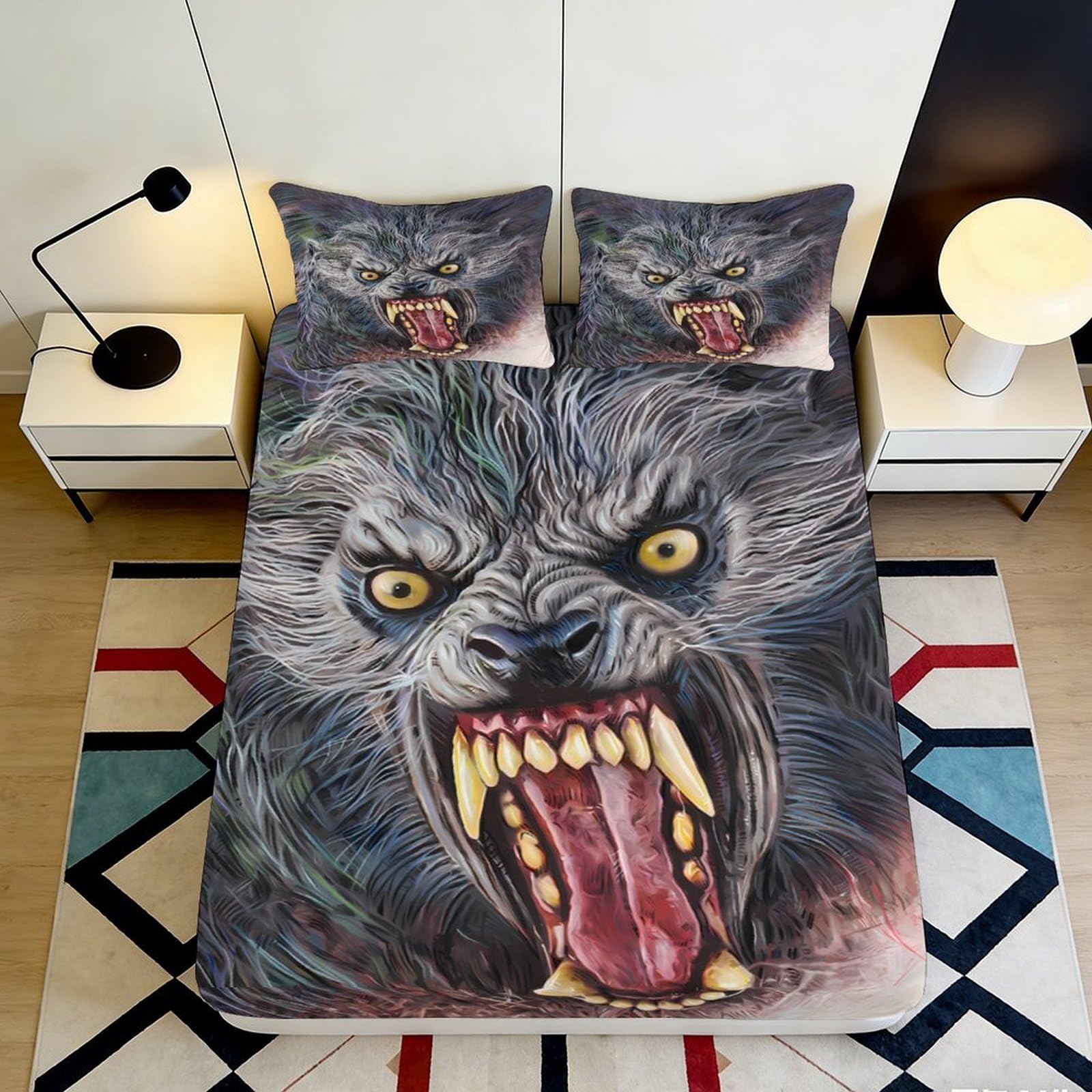 3D Printed Fierce Wolf Fitted Sheet Microfiber Soft Breathable Monster Face Mattress Cover for Bedroom Dorm Decor 90x200x25cm