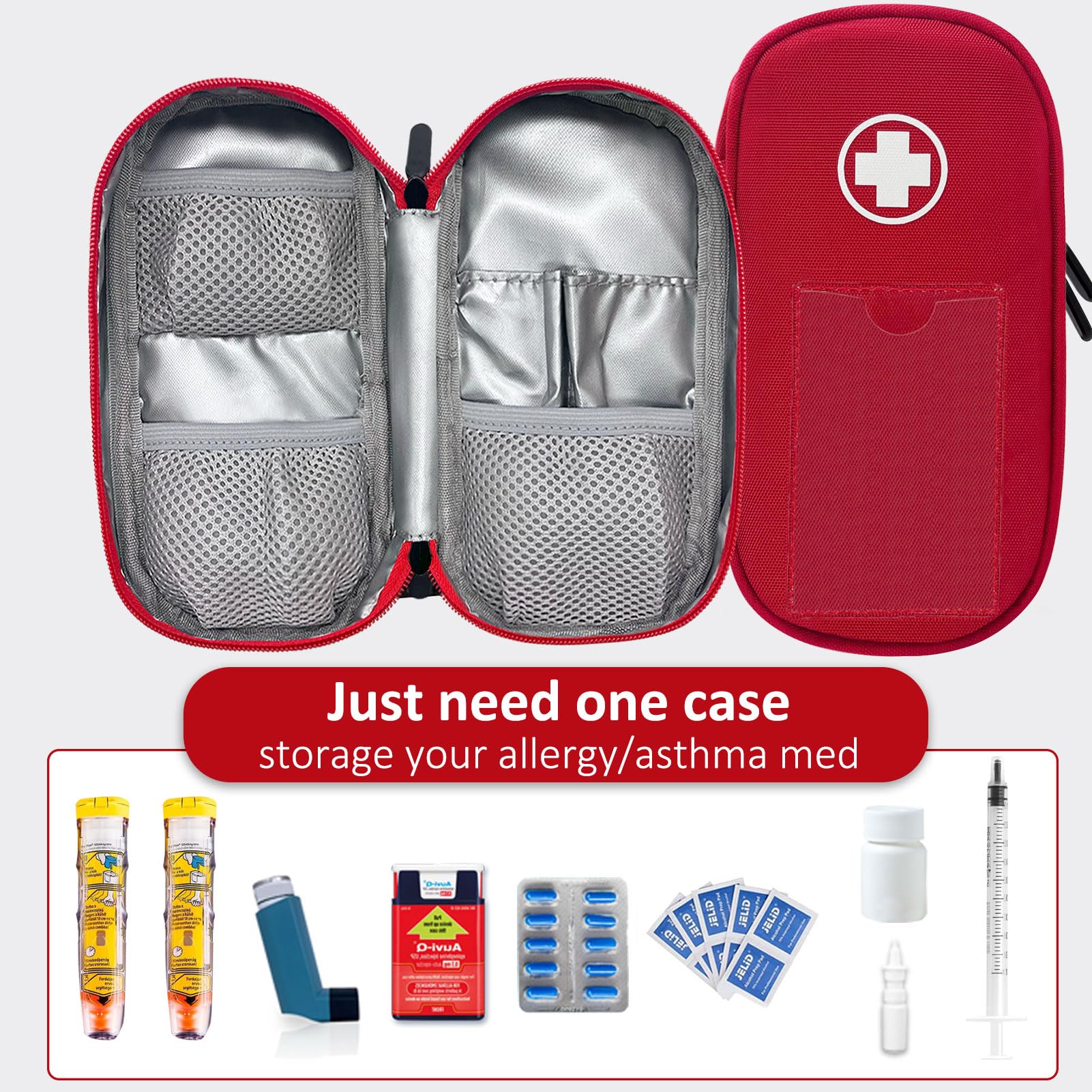 EpiPen torba medyczna z karabińczykiem, na 2 epipeny, inhalator astmy, auvi-Q, leki przeciwhistaminowe, leki alergiczne, krople do oczu, etui podróżne dla cukrzycy (kolor czerwony)
