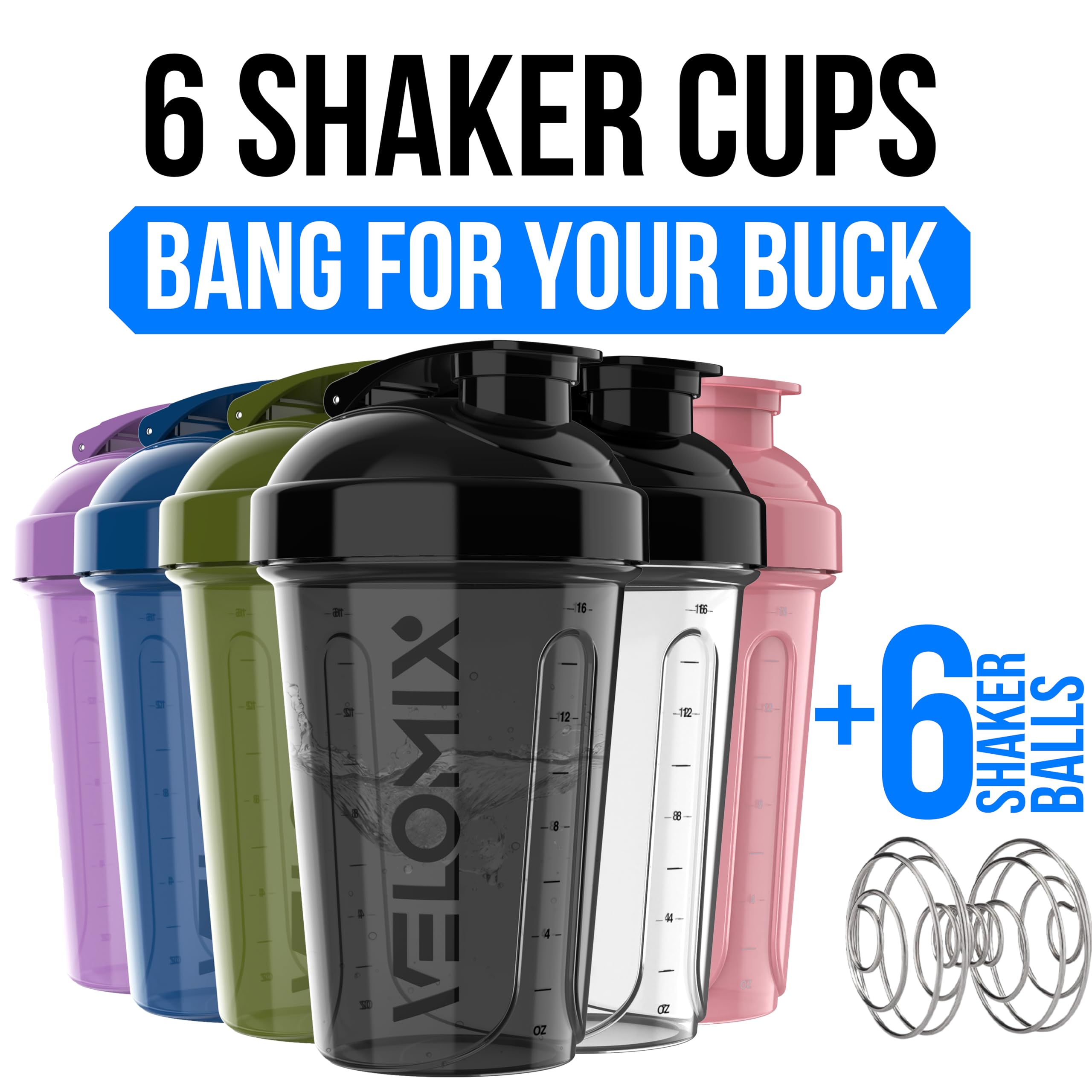 VELOMIX Protein-Shaker-Flasche für Proteinmischungen, auslaufsichere Shaker-Becher für Protein-Shakes, stapelbare Protein-Shaker-Flasche, spülmaschinenfest, gedämpfter Kontrast, 6 Stück