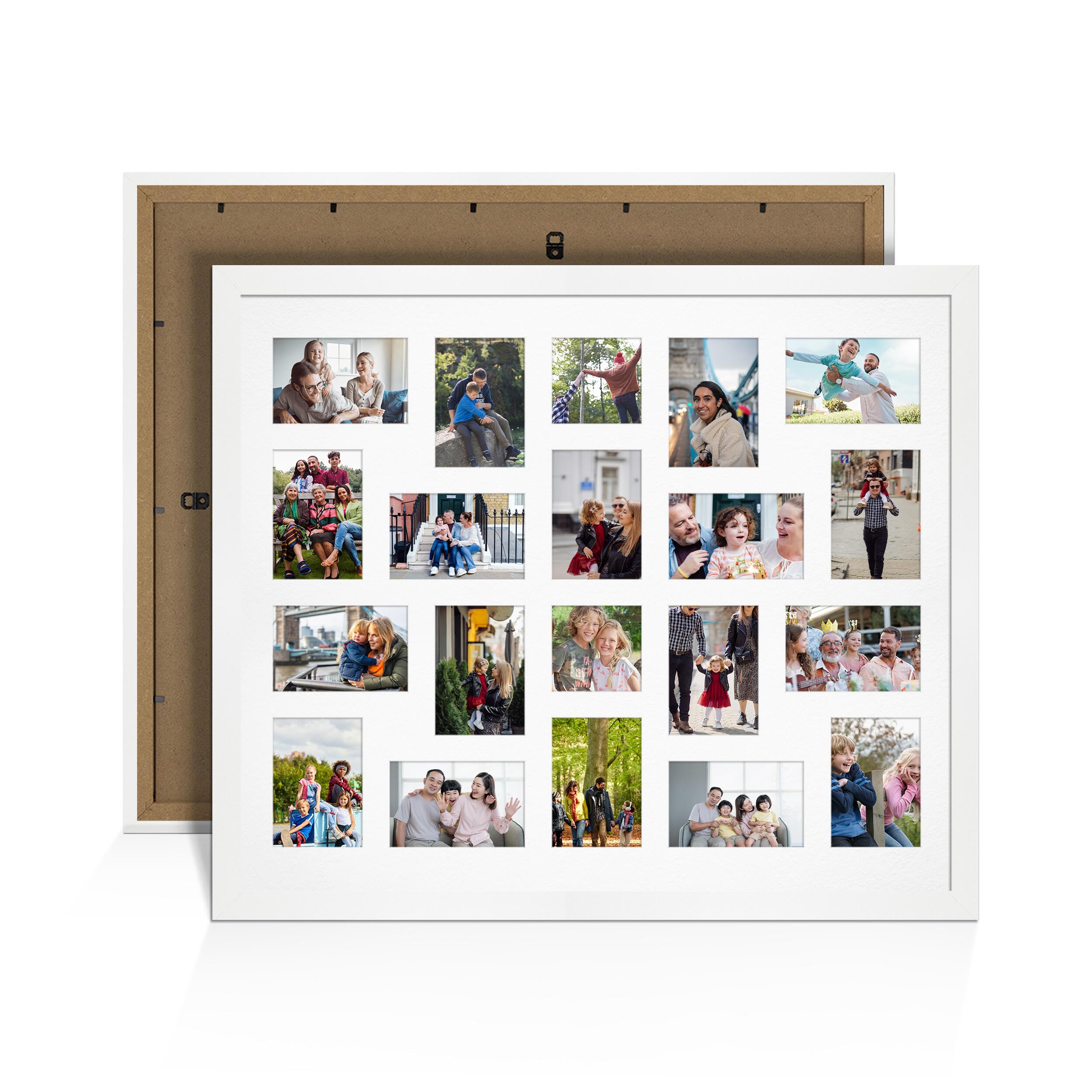 Alison Kingsgate White 80x70cm Photo frames for multiple pictures - 20 Apertures Collage Frame with White Mount- Holds (18x) 6x4 & (2x) 4x4 Photos - Engineered Wood & Perspex