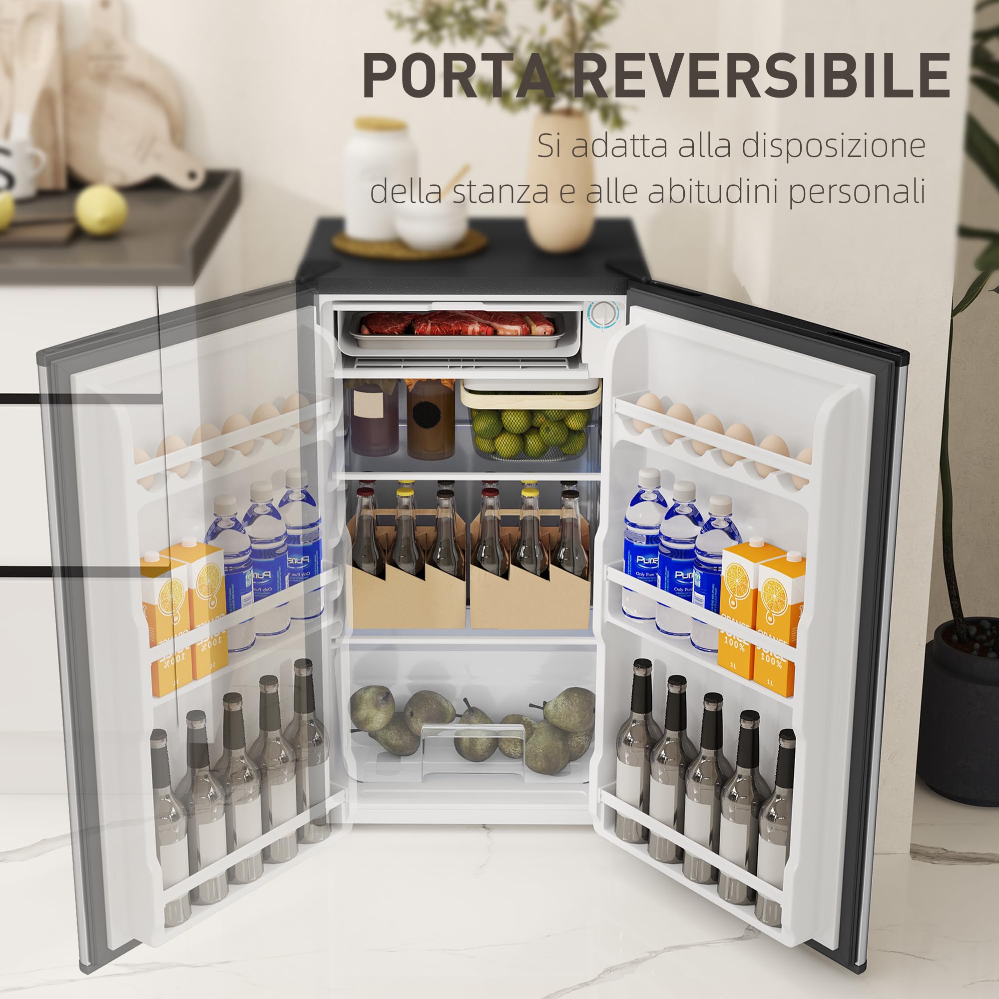HOMCOM Frigorifero Piccolo 91L MonoPorta Reversibile con Congelatore, Mini Frigo da Camera Tavolo Silenzioso Classe E Compatto con Temperatura Regolabile 0-10 ℃, Libera Installazione, Nero