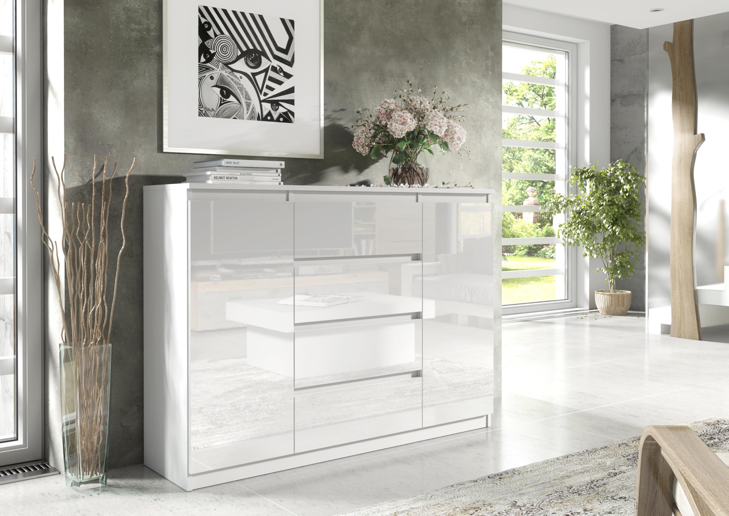 meble masztalerz Kommode Weiß Hochglanz-Fronten mit 4 Schubladen & 2 Türen 120 cm - Sideboard Wohnzimmer, Schlafzimmer - H:101,5 cm, B:120,4 cm, T:39 cm - Kommode mit Schubladen - Schubladenschrank