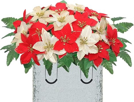 Lodou Christmas Cemetery Flowers Saddle for Graves,Cemetery Memorial Flowers for Outdoor Gravesite Tombstone Decorations,Red Poinsettia Headstone Flower Saddle Red Gold