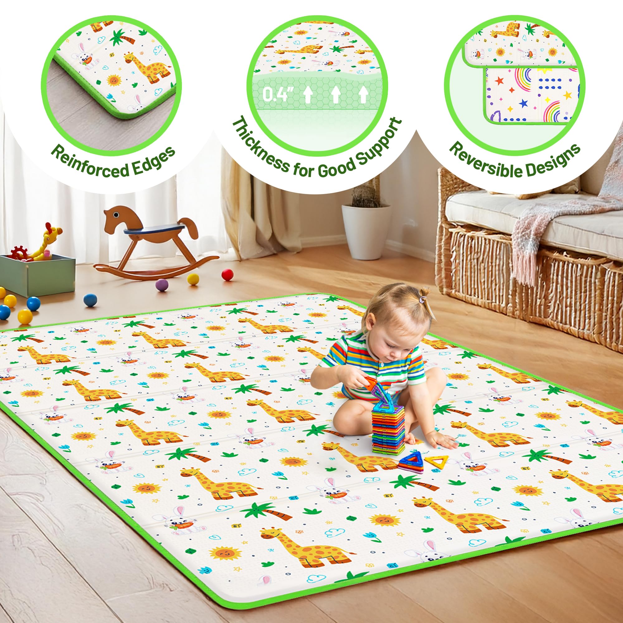 Baby Play Mat for Floor 50x77x0.4 inch Large Foldable Foam Playmat Anti Slip Reversible Waterproof Baby Crawling Mat for Infants and Toddler Double Side Design Baby Floor Mat with Case