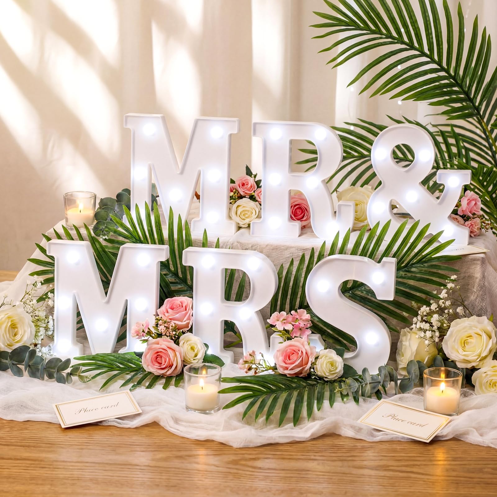 ROCEEI Mr and Mrs LED Wedding Signs for Table Light up Letters 6.42 in Shiny Freestanding Mr and Mrs Sign Lights for Marriage Anniversary Celebration Engagement Banquet Wedding Table Decoration