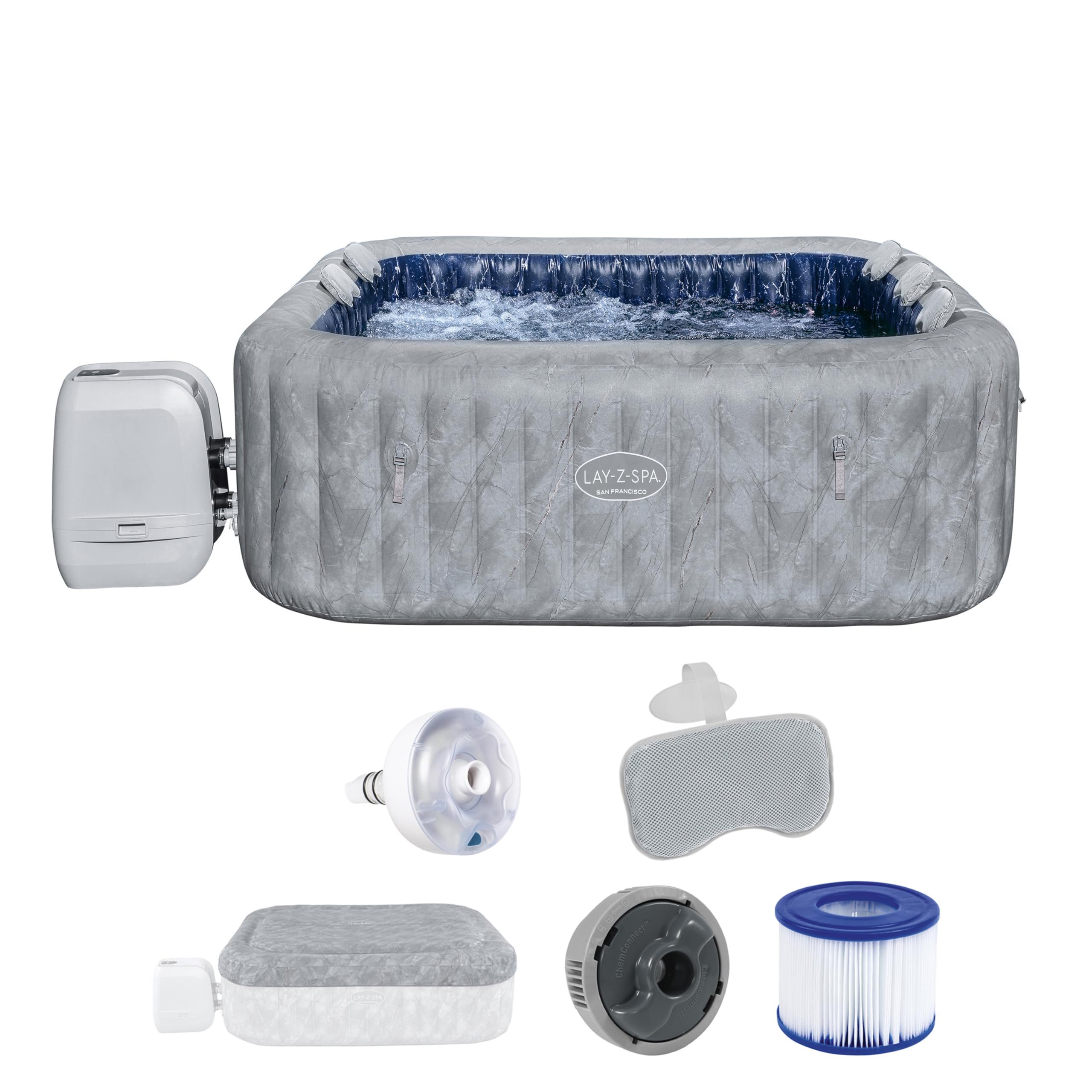 Bestway® Lay-Z-SPA® Energiespar-Whirlpool San Francisco HydroJet Pro™ mit App-Steuerung, für 7 Personen 230 x 230 x 71 cm, Marmor-Optik (Samtgrau)