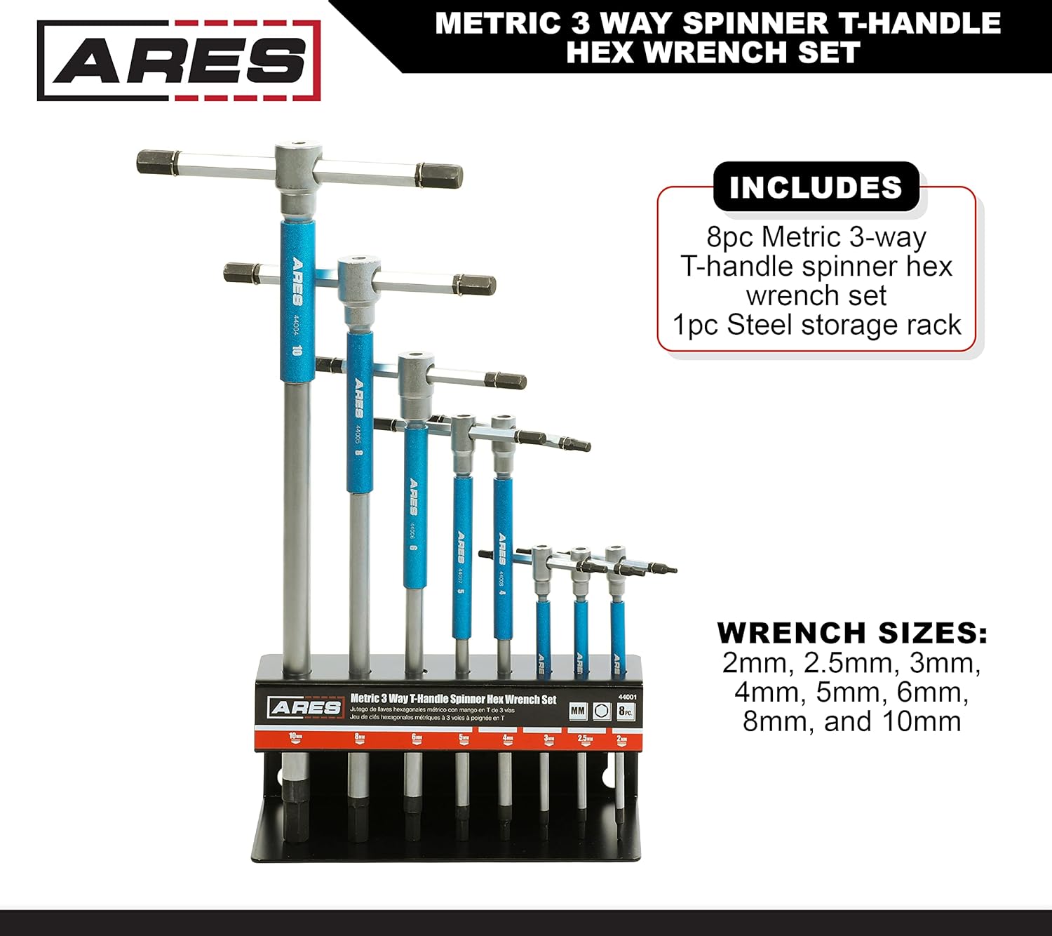 ARES 44001 – 8-Piece Metric T-Handle Hex Key Set – 3-Way Spinner Wrenches with Sliding Handle – 2mm to 10mm