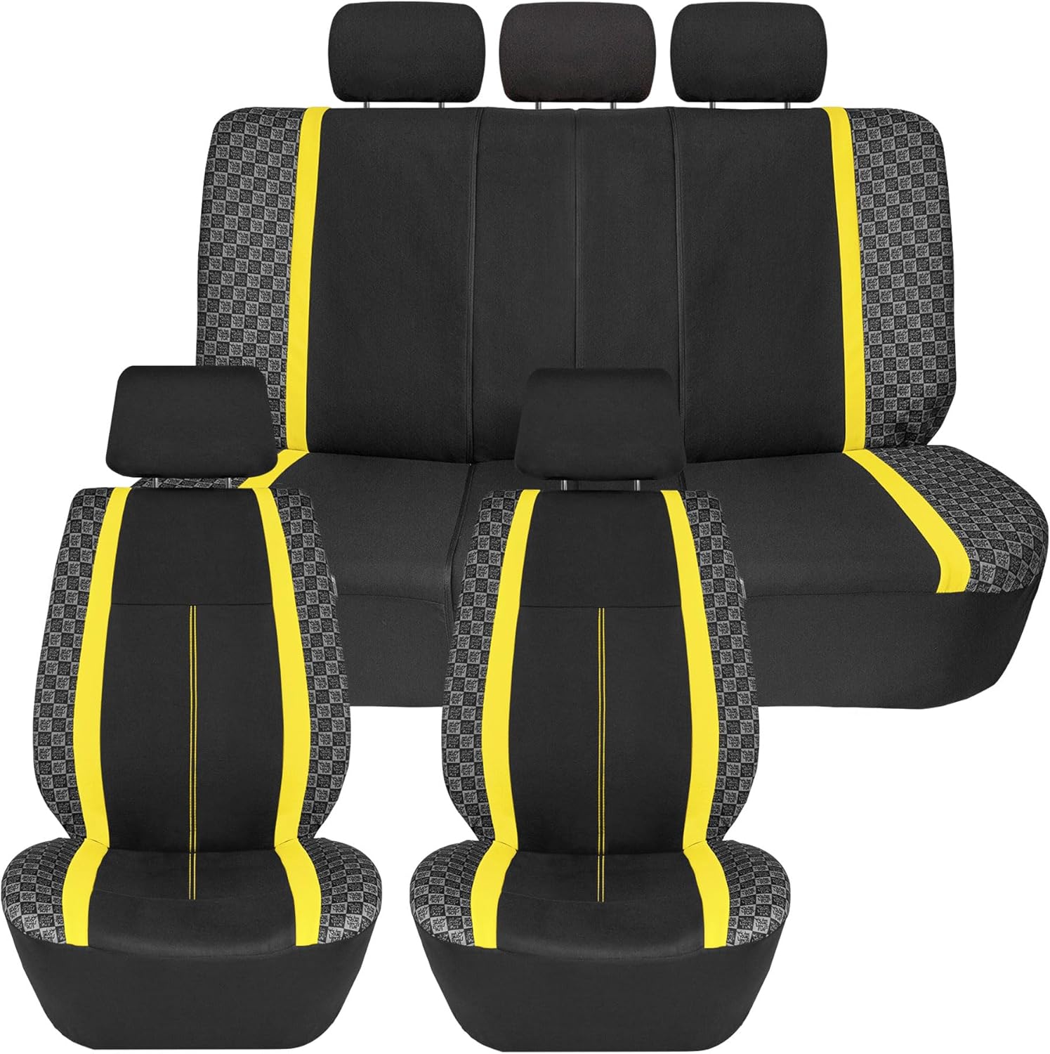 We Are Young Life is Fun™ Checker Car Seat Covers Universal Fit Interior Accessories Full Set Yellow Seat Cover Combo Steering Wheel Cover and Seat Belt Pads, Airbag and Split Rear Car Seat Covers