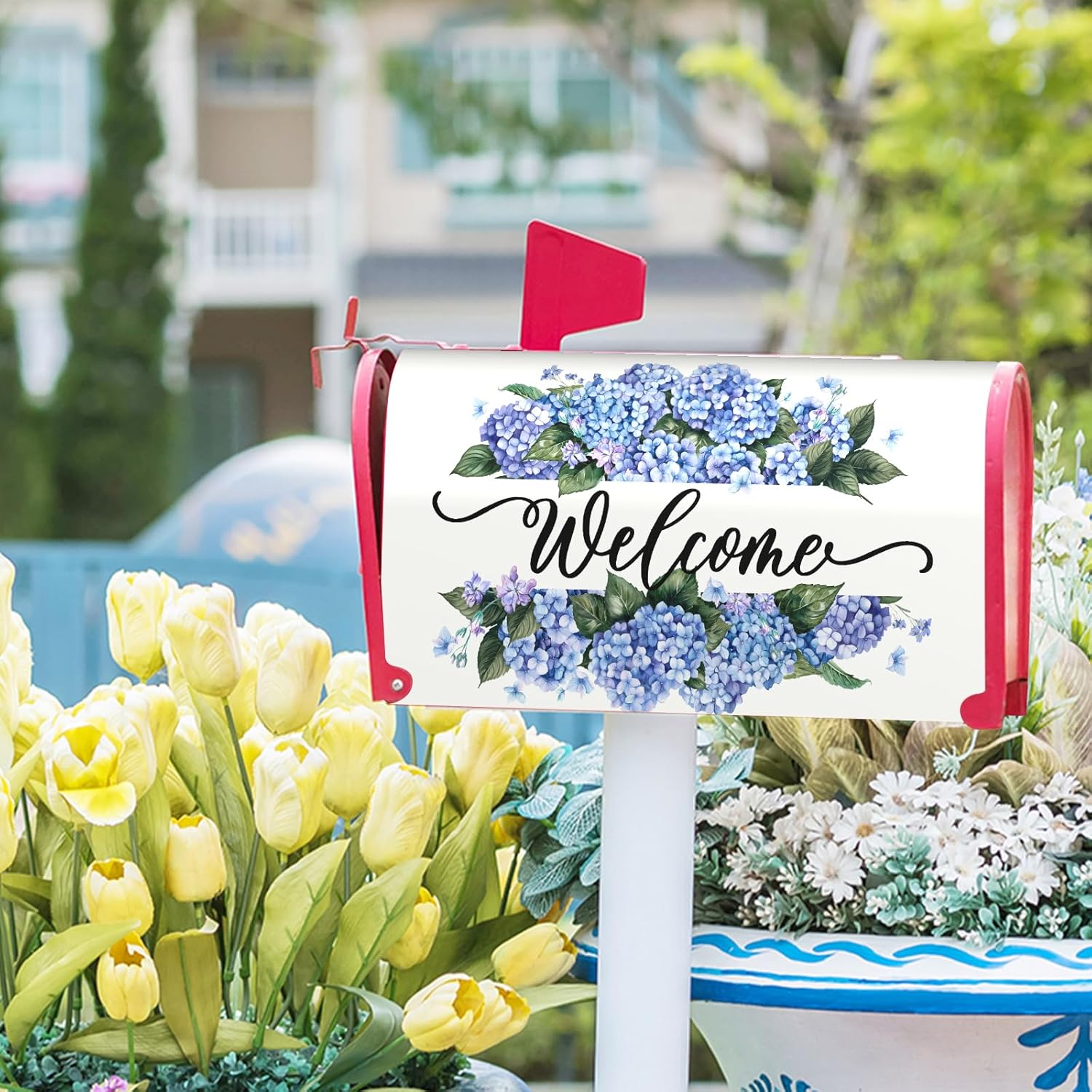 Kawani Spring Summer Farmhouse Welcome Mailbox Covers Magnetic Standard Size 21x18in Hydrangea Mailbox Covers Welcome Mailbox Cover Wraps Spring Summer Post Box Cover for Outdoor Outside Home