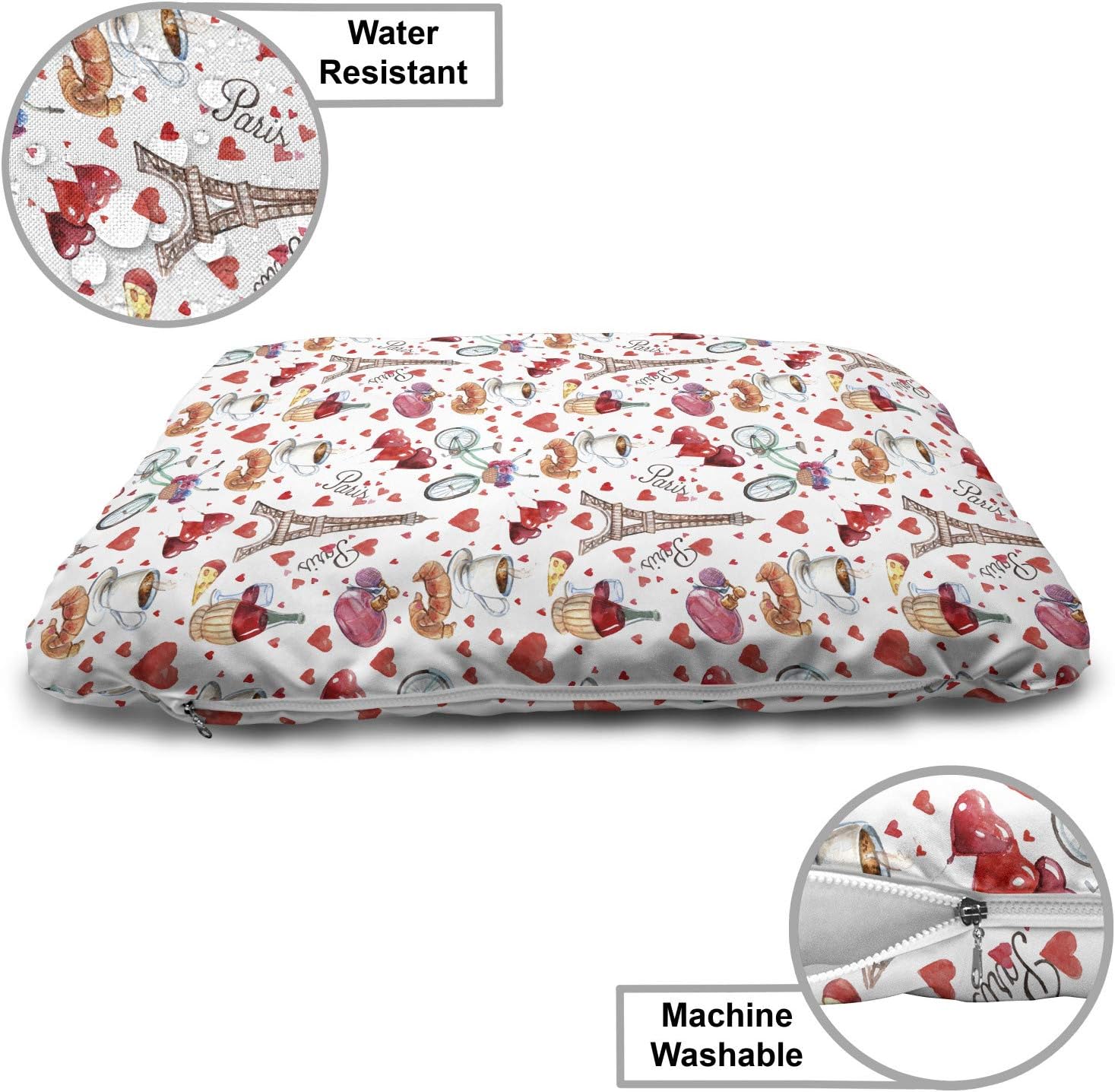 review Ambesonne Romantic Pet Bed, Valentines Day Love Themed Paris Coffee Wine Parfumes Bikes with Heart Backdrop, Chew Resistant Pad for Dogs and Cats Cushion with Removable Cover, 24