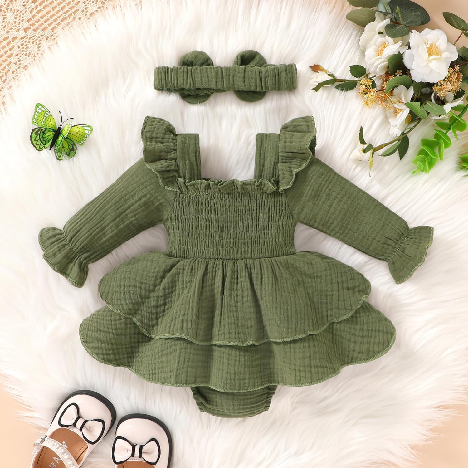 YOUNGER TREE Baby Girl Fall Clothes Infant Long Sleeve Ruffle Romper Dress with Headband Cute Toddler Winter Outfits - Image 3