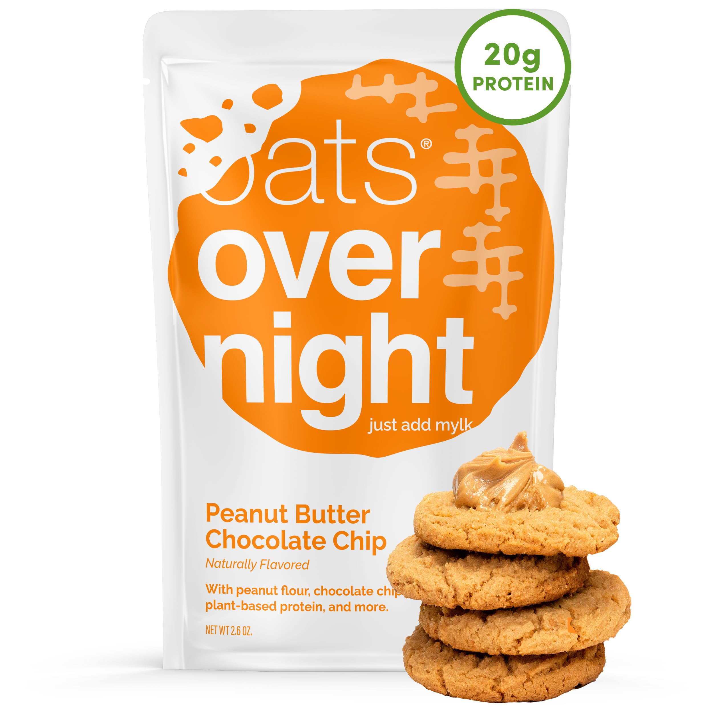 Oats Overnight Peanut Butter Chocolate Chip - Vegan Overnight Oats Protein Shake with 20g Vegan Protein Powder - High Fiber, Gluten Free, Dairy Free Oatmeal (2.4 oz per Meal) (16 Pack)