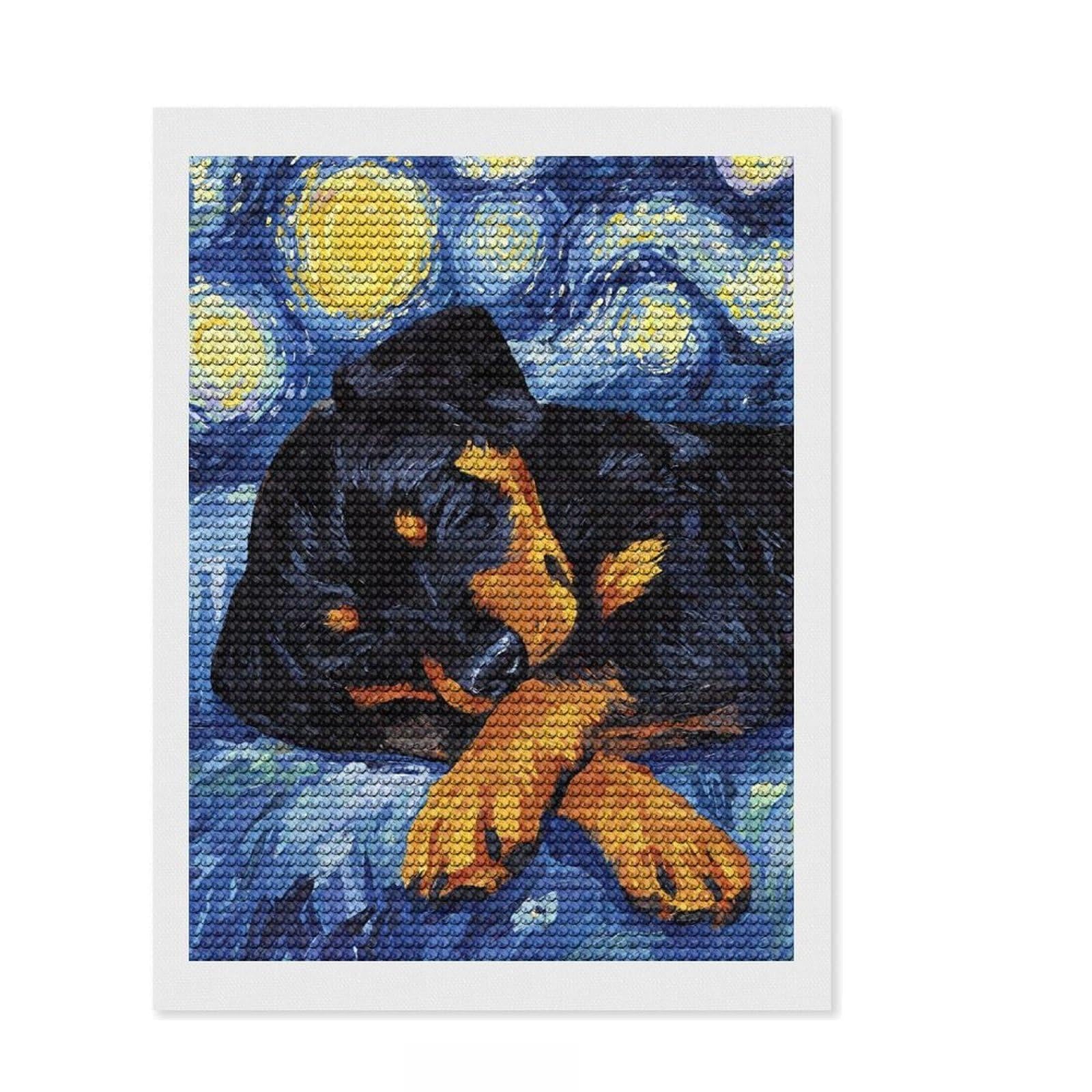 Junmoney Rottweiler Puppy Sleeping Starry Night Diamond Art Kit 12"x16", Simple to Start, with Tool Kit, Boho Decor, Gift Idea, Easy to Enjoy, Printed Canvas