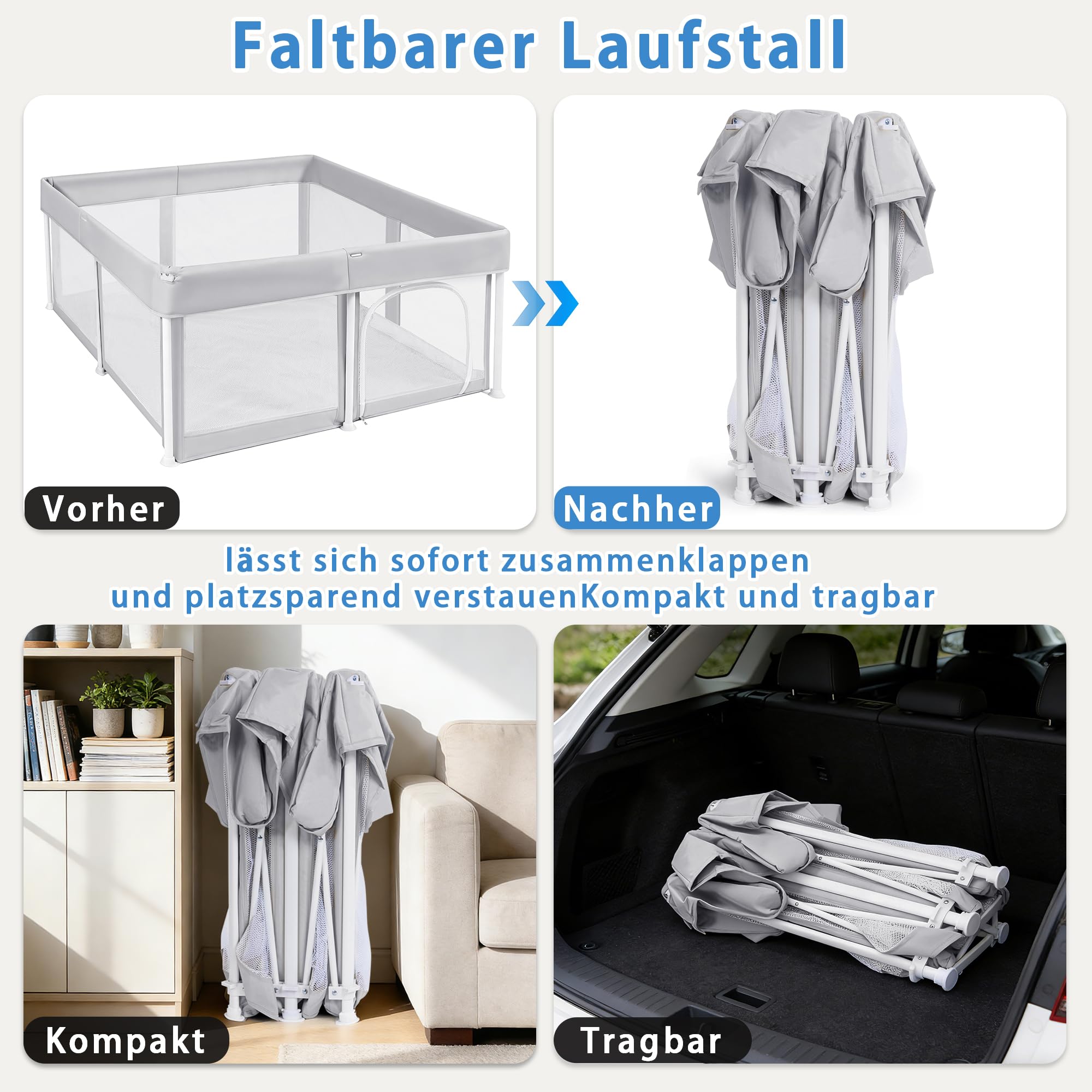 Parc pliable pour bébé, 125 x 125 cm, gris clair | Parc pour bébé avec sac de rangement, grande zone de sécurité et maille respirante, parc pour intérieur/extérieur