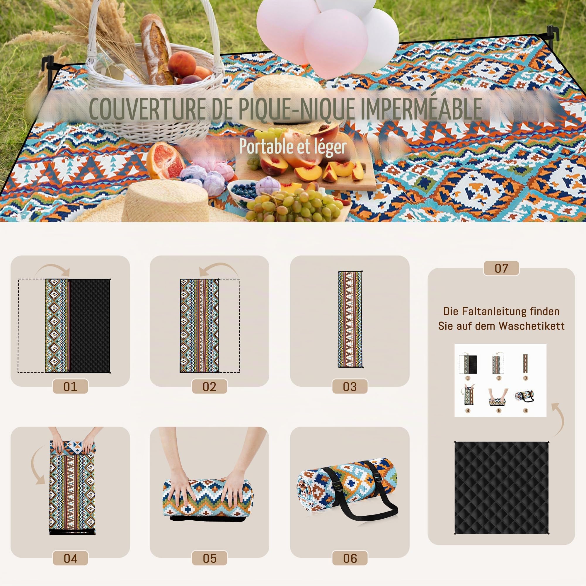 Gucass Couverture de Pique-Nique Boho, 200 x 200 cm Tapis de Pique-Nique Imperméable Lavable, Tapis de Picnic sans Sable, Pliable Portable Couverture de Plage pour Camping, BBQ, Jardin, Voyage