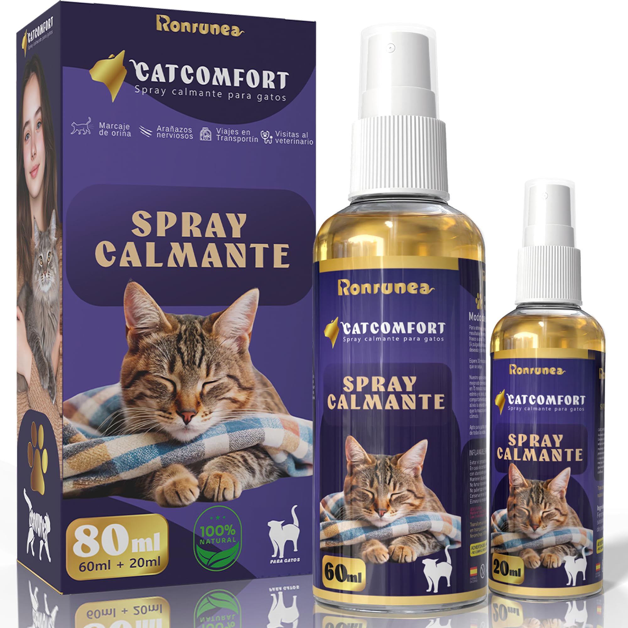 Kit Doble de Spray de Feromonas Calmantes para Gatos (80ml) | Incluye un Bote de 60ml + un Bote de 20ml Extra | Mejora Comportamiento y Reduce Marcaje con Orina | Viajes en Transportin.