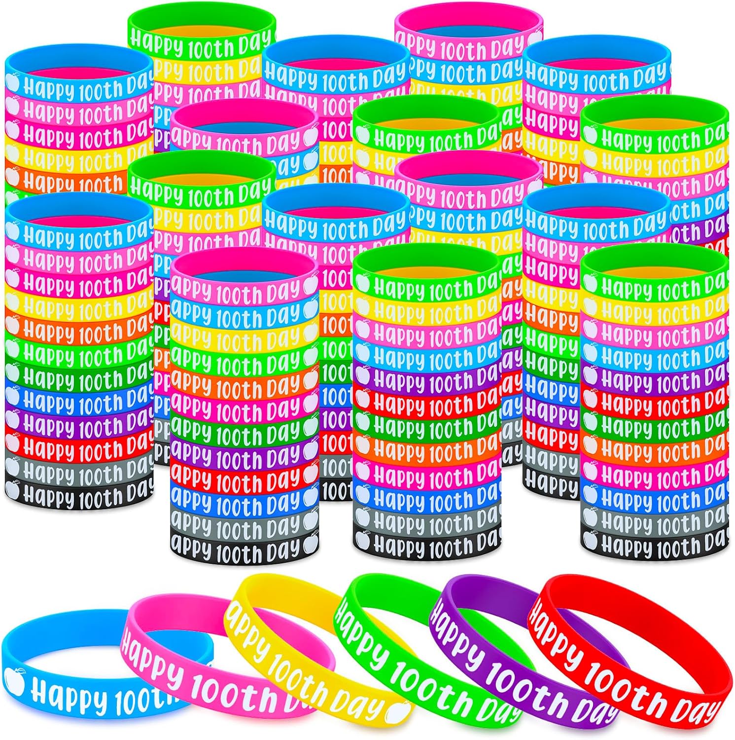 Sanwuta 72 Pieces 100th Day of School Silicone Bracelets Colorful Happy 100th Day Student Rubber Bracelets for School Party Supplies Decoration