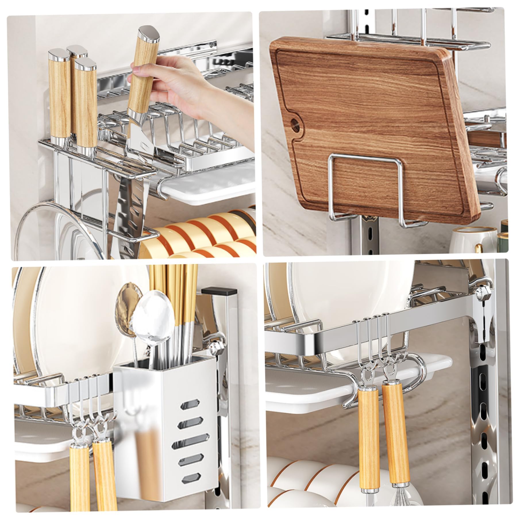 Escurridor de platos colgante montado en la pared, 2/3 niveles, ajustable, ahorra espacio, con escurridor, ganchos y soporte para cubiertos, fácil instalación sin taladrar (tamaño: 2 capas)