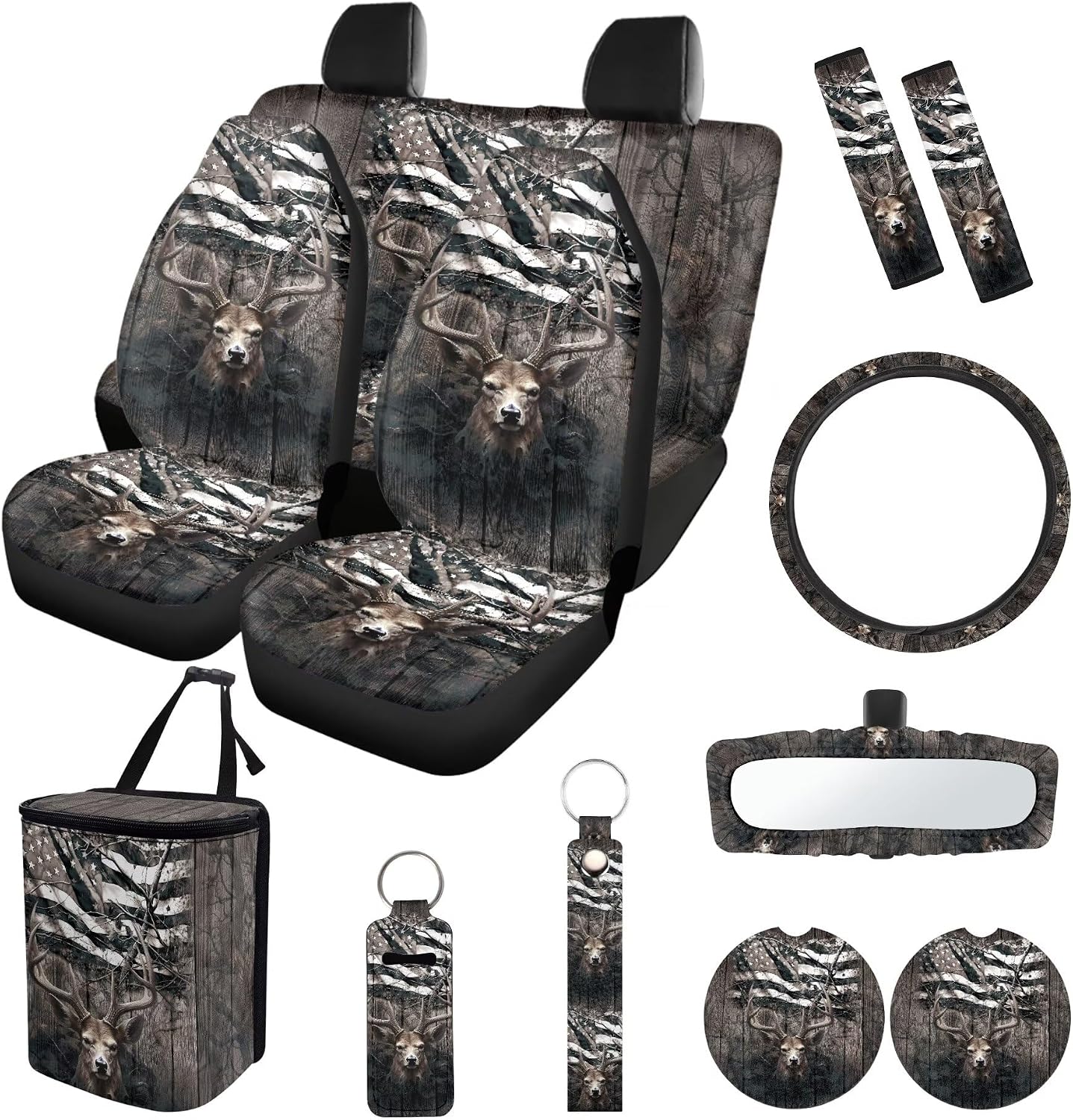 Camo Deer Flag Print 13 PCS Car Accessories Set Universal Fit Auto Seat Covers with Steering Wheel Cover Seat Belt Pads Car Trash Can Rearview Mirror Cup Holder Key Chains