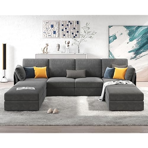 124 Inches Modular Sectional Sofa, Oversized Sectional Sofa with Storage, Ottomans, 8 Seats U Shaped Couch with Chaise- Chenille Gray
