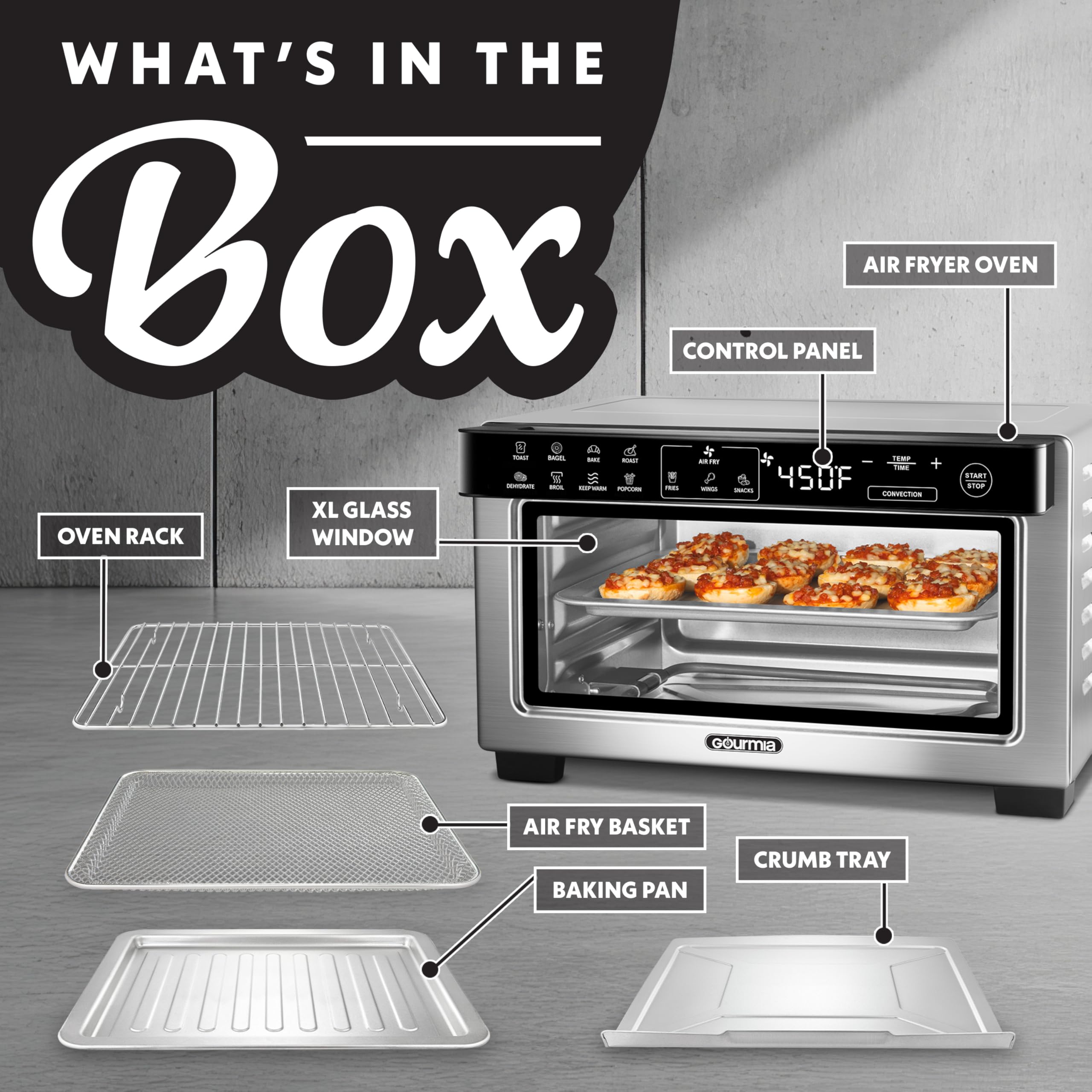 Gourmia Toaster Oven Digital Air Fryer - Convection Mode with 4 Slice Capacity, 3 Rack Positions, 12 Presets, Toast, Bagel, Bake, Roast, Broil, Dehydrate, Popcorn, Fits 9" Pizza, Stainless Steel — view 4