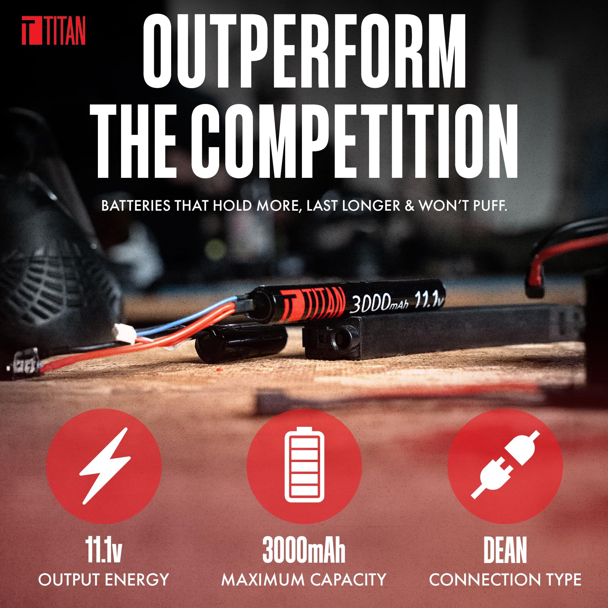 Titan - Batería de iones de litio para Airsoft, 3000 mAh, 11,1 V, enchufe en T, capacidad máxima y rendimiento de 11,1 voltios para pistola de airsoft