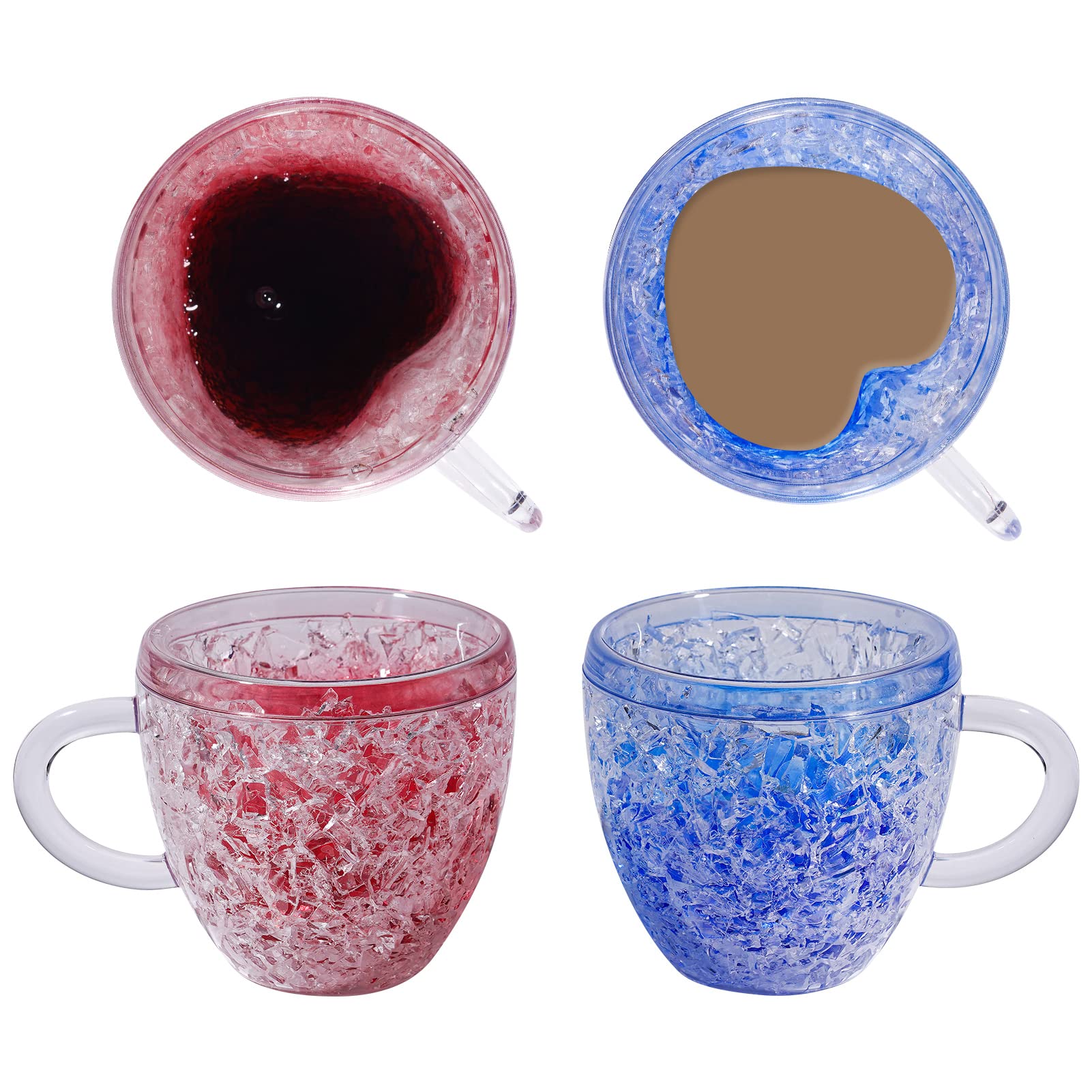 EASICOZIHeart Shape Ice Mugs Love Freezer Coffee Cup Set Frost Glass Tea Drinking Clear 8.5oz Set of 2 (Red and blue)
