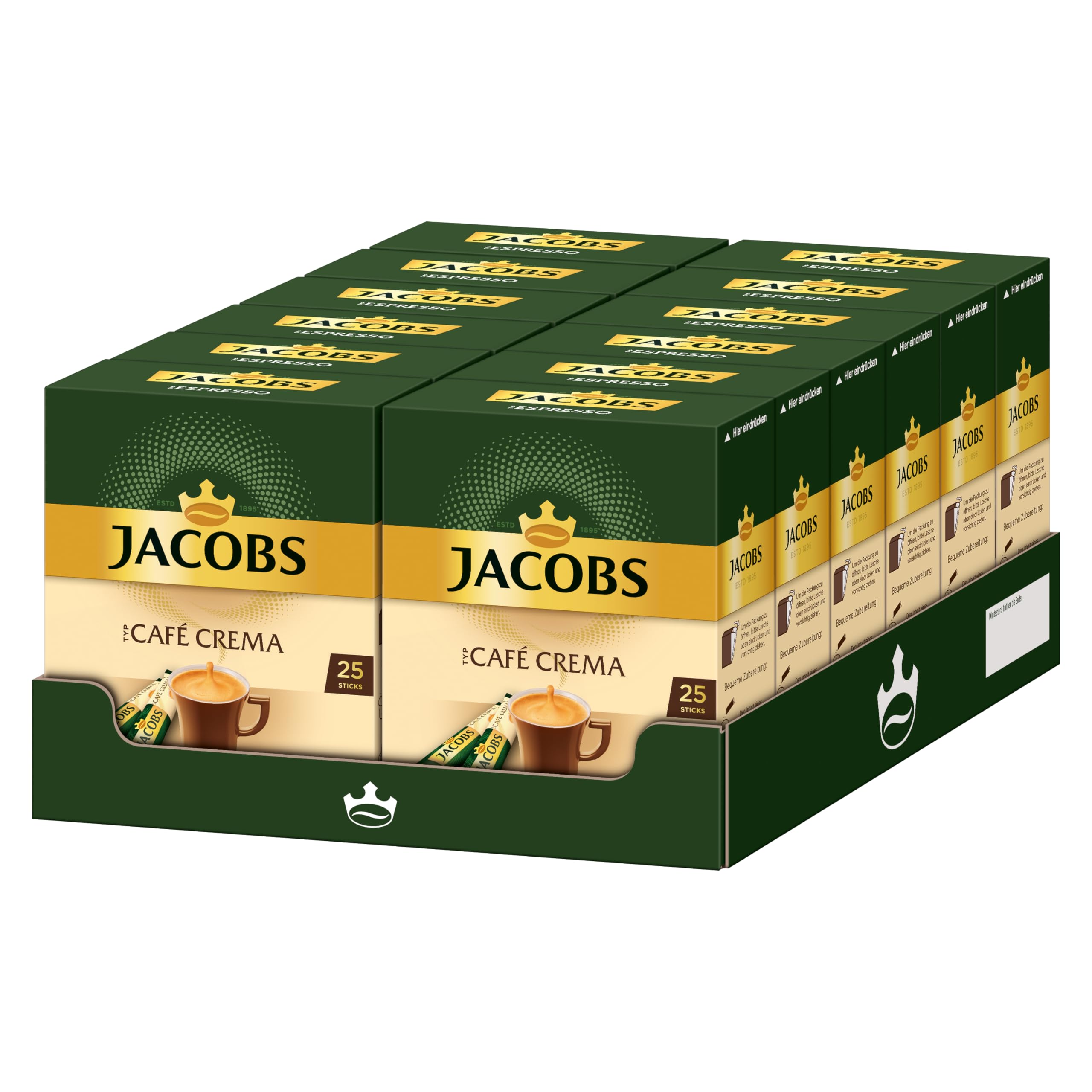 Jacobs Café Crema löslicher Bohnenkaffee als Stick, Instant Kaffee, 12 x 25 Einzelportionen à 1,8 g, für 300 Getränke