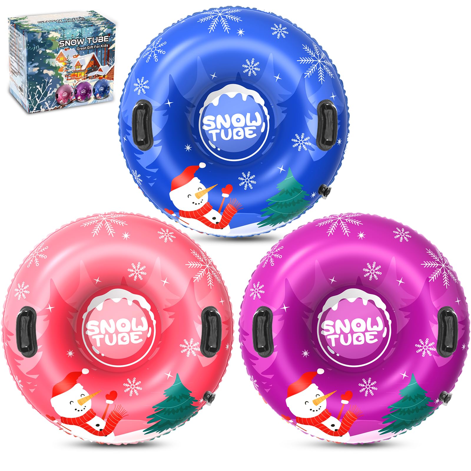 Menmek Snow Tube, 36‘’ 3Packs/4Packs Snowman Snow Tubes for Kids & Adults, Durable Cold-Resistant PVC Inflatable Snow Sled, Heavy-Duty Hard Bottom & Handles, Perfect for Family Boys Girls Sports Fun