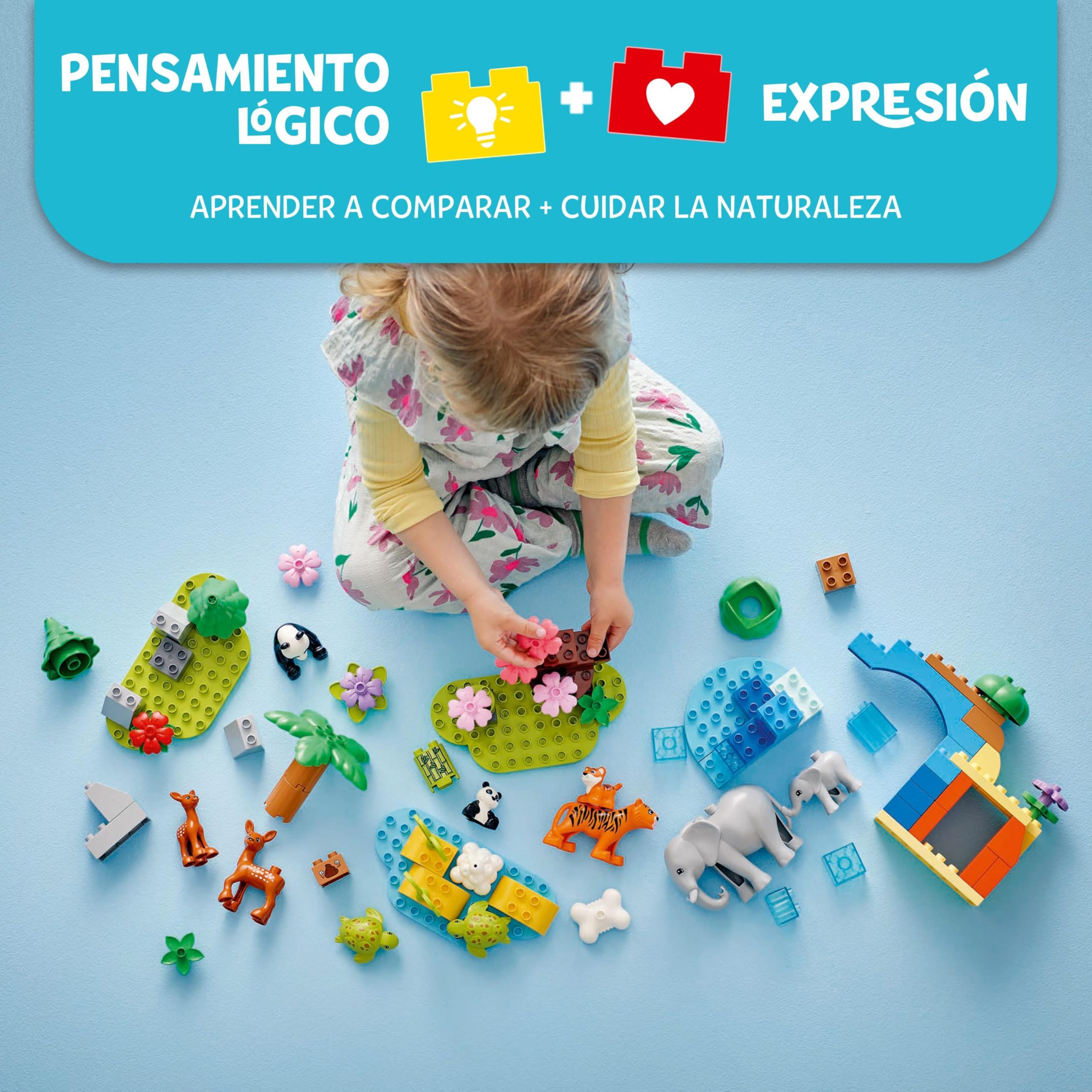 LEGO Duplo Familias de la Fauna Salvaje “3 en 1” - Juego Educativo para Niños y Niñas de 2+ Años - Figuras de Animales de Juguete Inc. Elefantes, Tortugas, Tigres, Ciervos y Pandas con Hábitats 10446