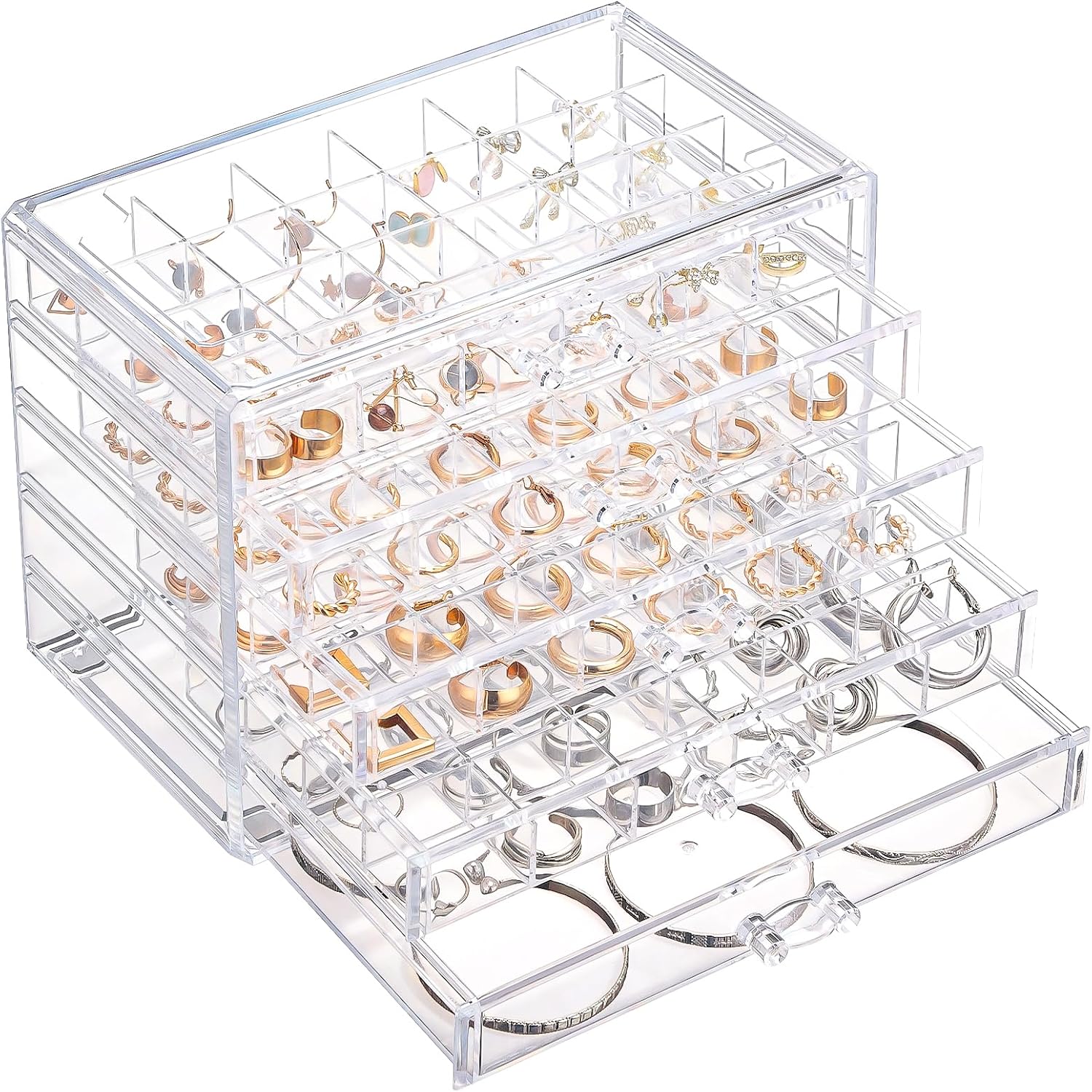 Ewen 5 Drawer Large Jewelry Storage Organizer in 5 Different Layouts, Acrylic Adjustable Jewelry Trays, Beige Display Case for Earrings, Necklaces, Bracelets and Hair Accessories, Gift for Women Wife