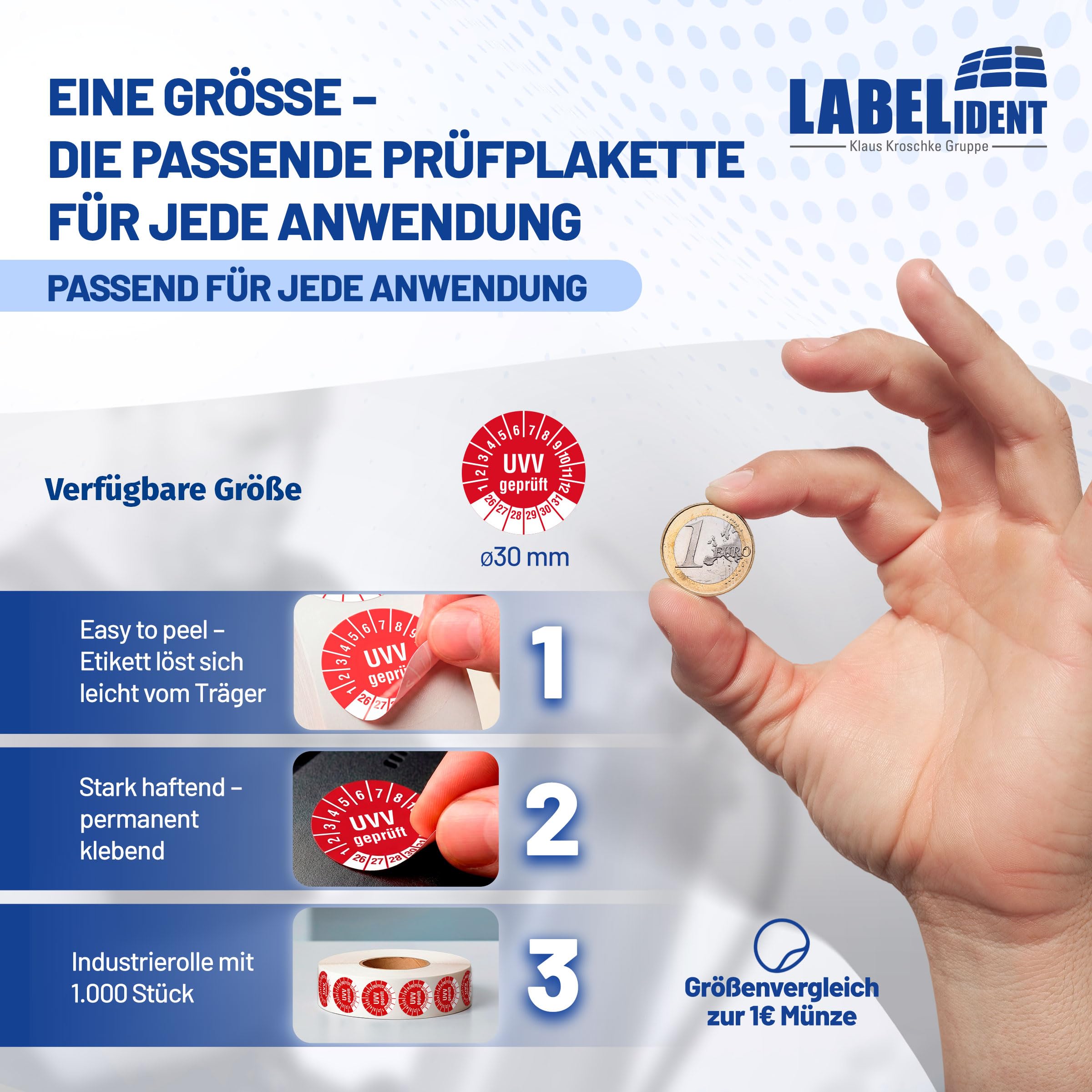 Labelident Prüfplaketten UVV geprüft - Ø 30 mm - 1.000 auf Rolle, 2026-2031, selbstklebend