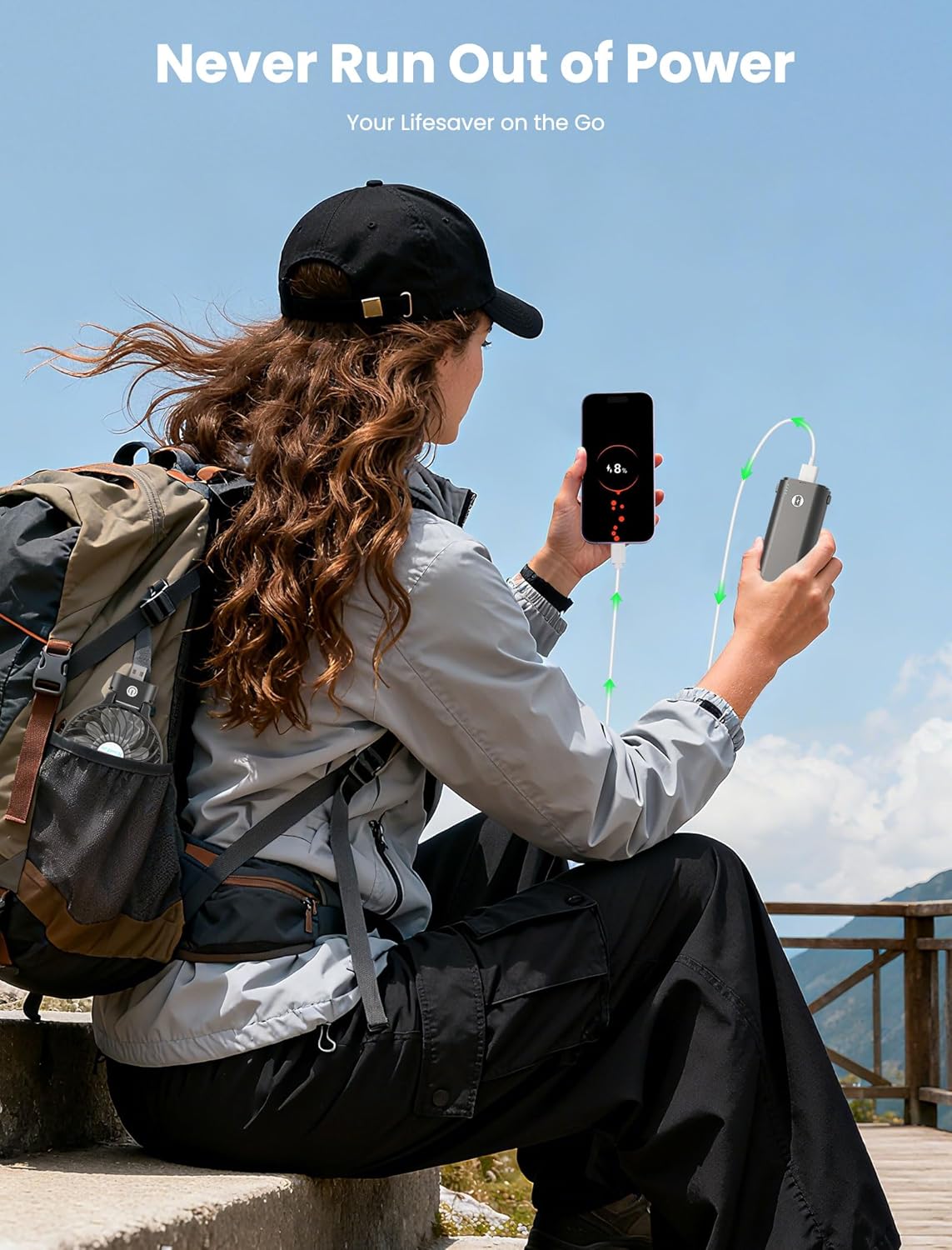 HandFan 5200mAh Portable Handheld Fan, Personal Hand Held Fan USB Rechargeable, 180° Foldable Portable & Detachable Handle Design,3 Speeds Strong Airflow Cooling for Travel/Outdoors/Indoors (Black) - Image 8