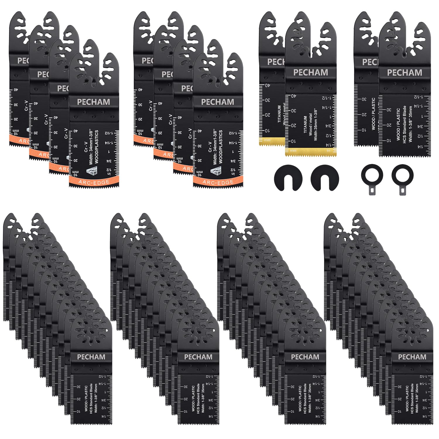 Oscillating Saw Blades, PECHAM 64PCS Professional Universal Titanium Multitool Blades for Wood Plastics Metal Quick Release Multi Tool Kits Fit Rockwell Ridgid Ryobi Milwaukee Chicago Craftsman
