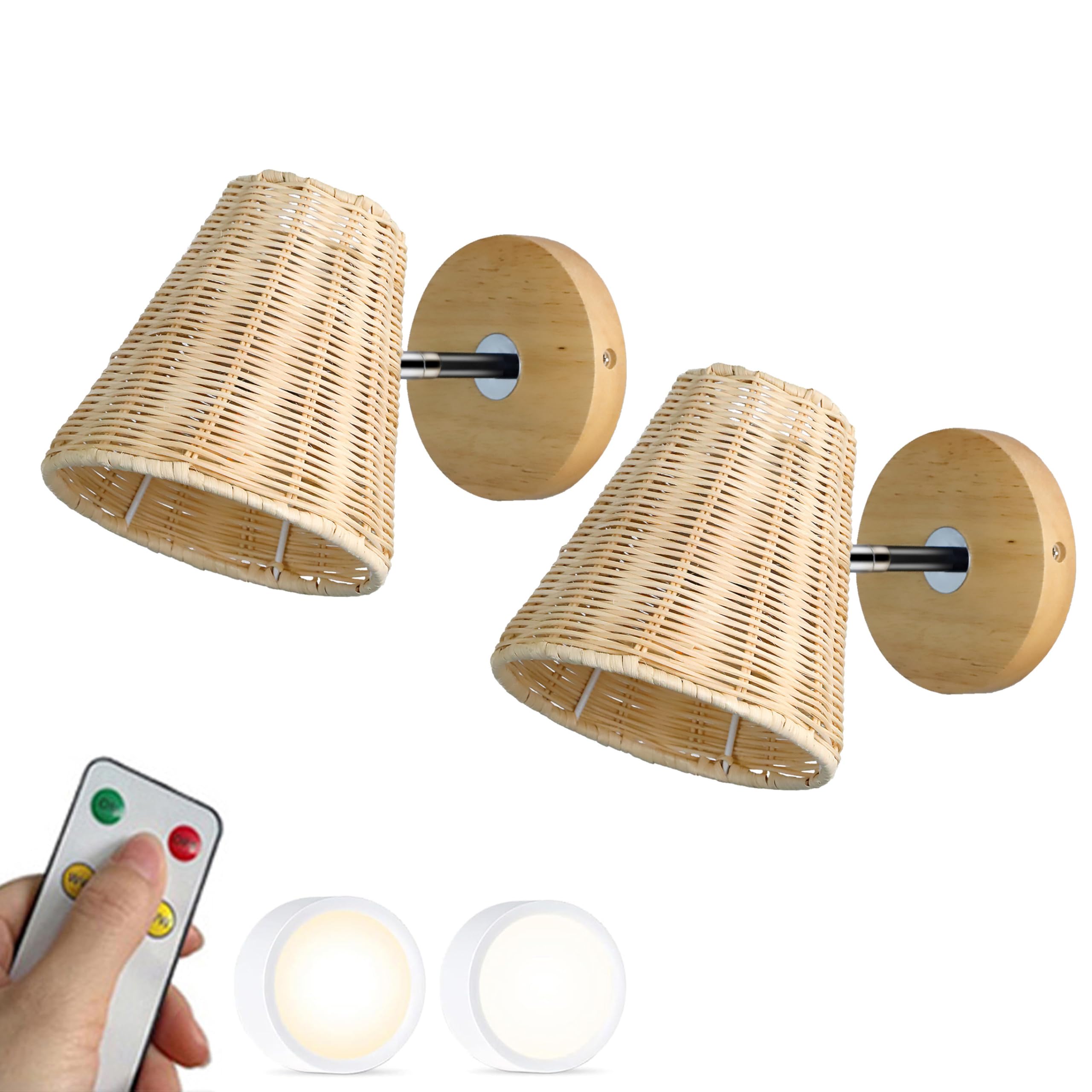 PZAOJAU Boho Wall Sconces Battery Rechargeable Rattan Wicker Battery Operated Wall Light Set Of 2 Remote USB Dimmable Bulb Cordless Wireless Wall Lamp For Kids Bedroom Farmhouse Living Room