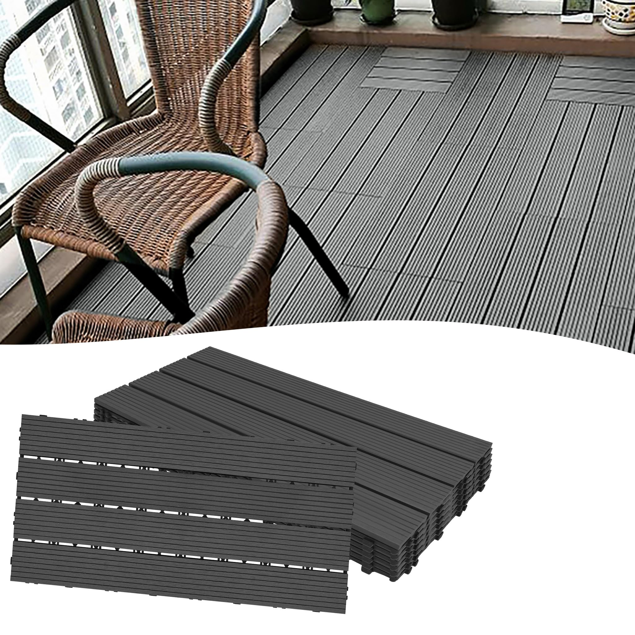 6 baldosas de WPC para terraza con aspecto de madera, baldosas con sistema de clic, azulejos de plástico, 1 m² total para jardín, balcón, suelo con drenaje (30 x 60 cm, 1 pieza, antracita)