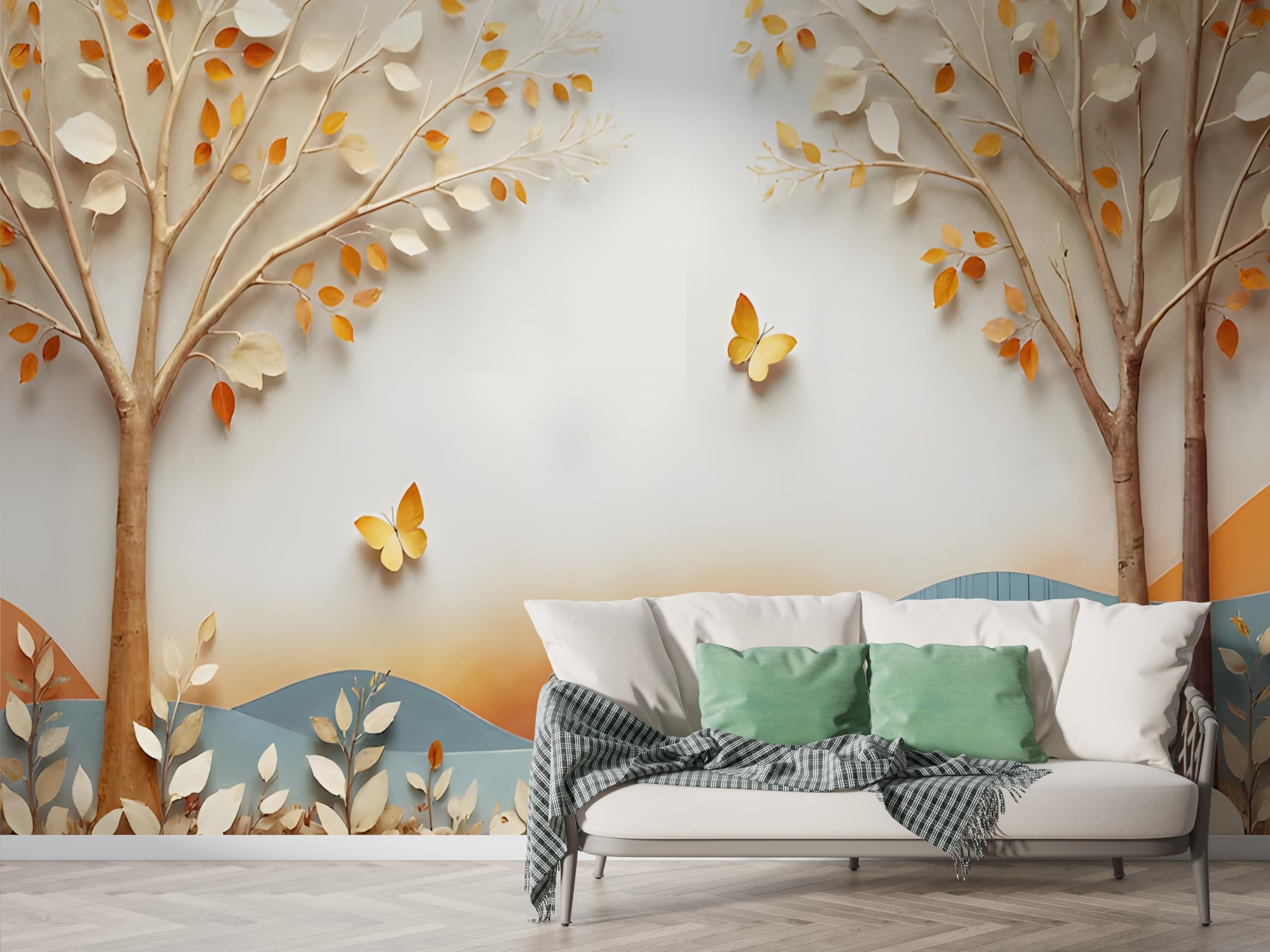 Papier peint panoramique 3D pour agrandir une pièce motif feuilles et papillon
