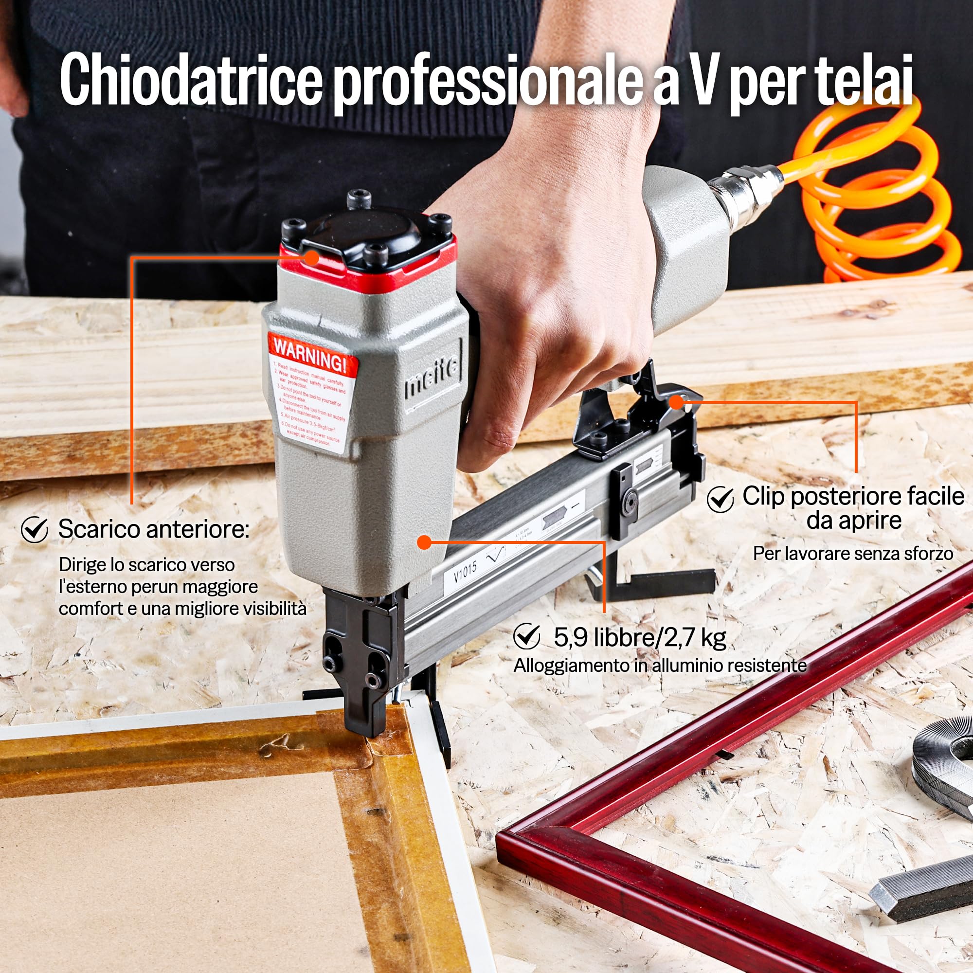 meite V1015B Chiodatrice Pneumatica a V per Cornici, Unisci-Cornici ad Aria Compressa per Cornici da Quadro, Compatibile con Chiodi a V da 7 a 15 mm