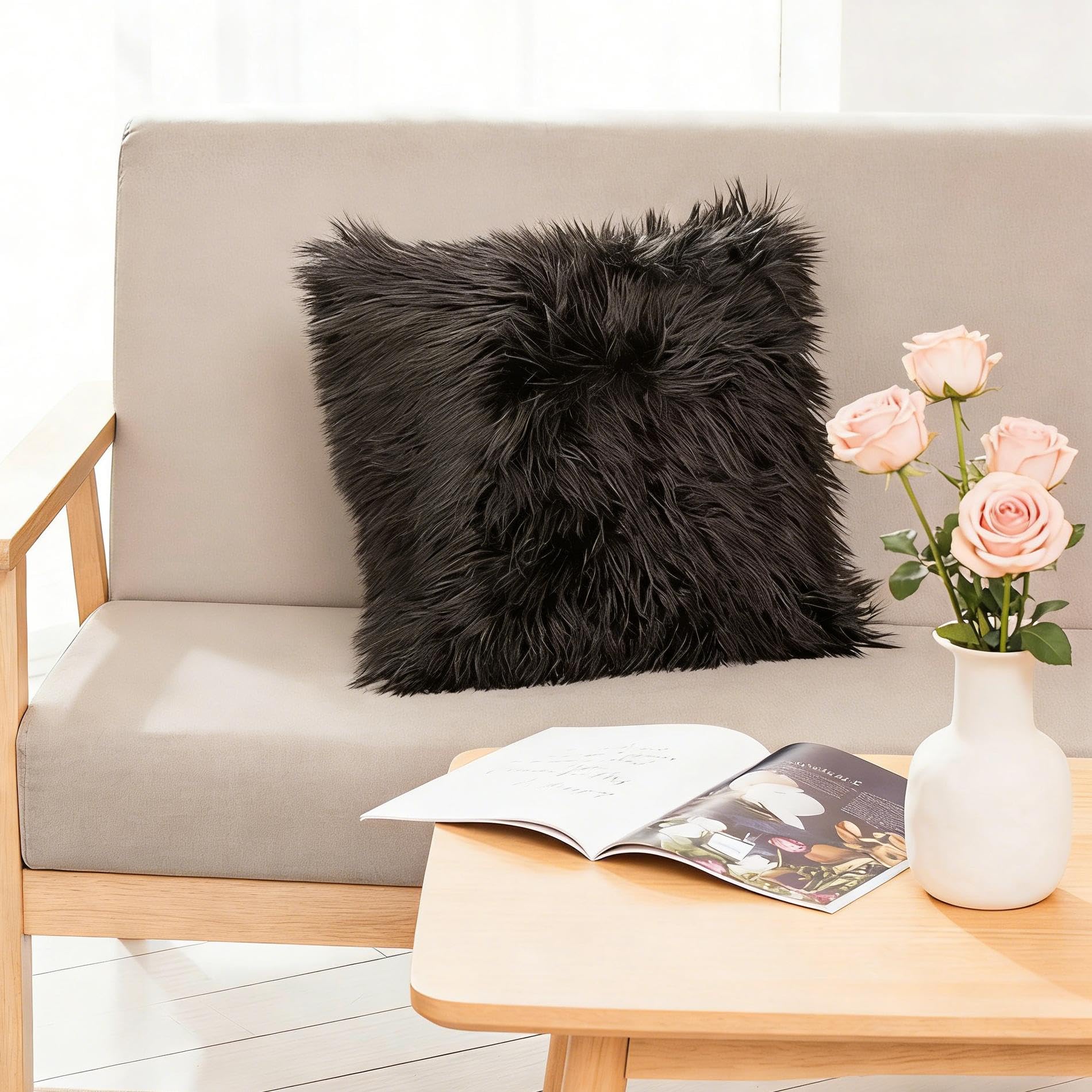 CROS 60 Pack Soft Faux Fur Pillow Covers, Plush Shaggy Decorative Throw Pillowcases, Cozy Luxury Cushion Covers for Sofa, Bedroom, Living Room, Black, 18x18 Inches