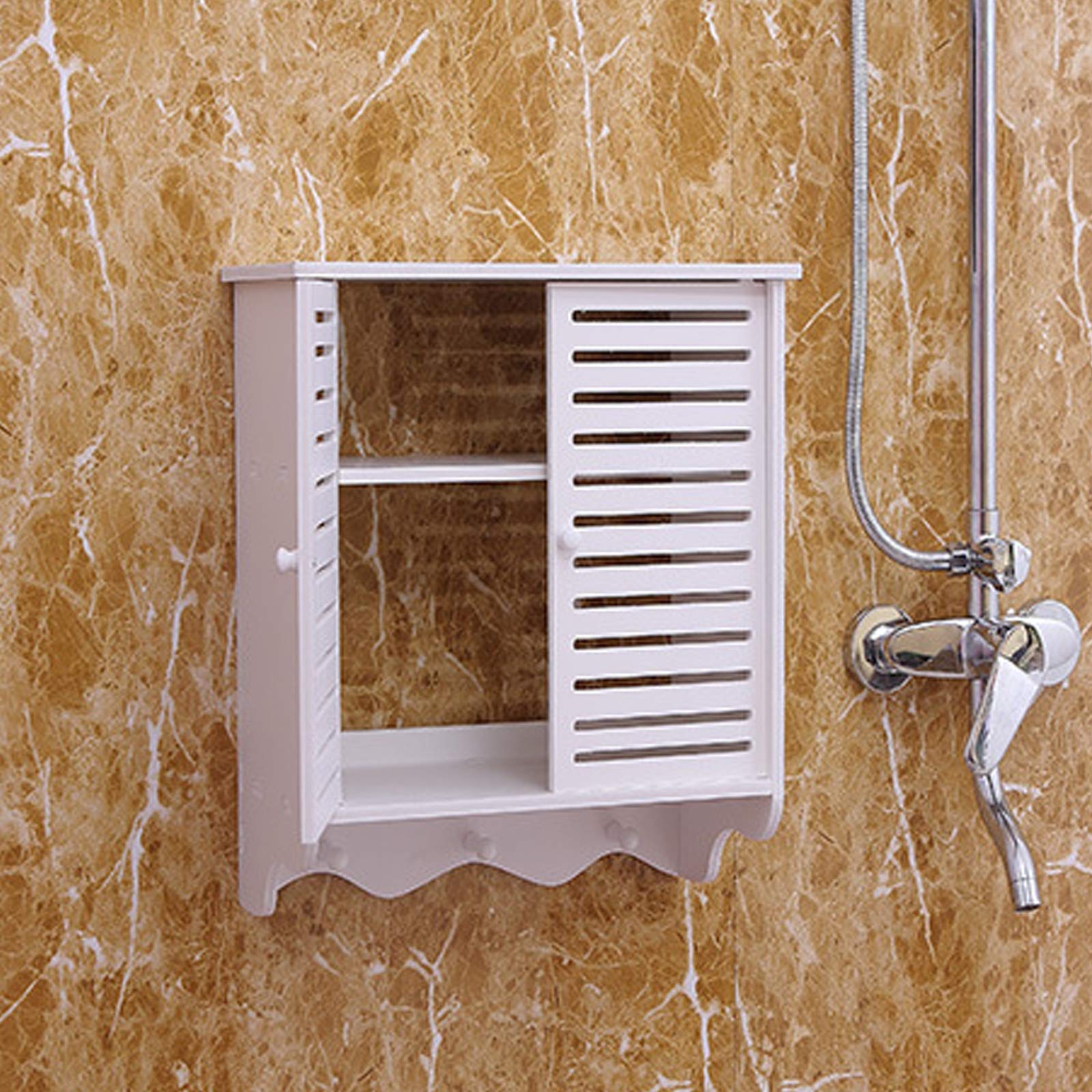Armadio da bagno a parete bianco piccolo armadio a muro ripiano a muro in PVC organizzatore di stoccaggio sopra lo sciacquone con persiane porte doppie 2 livelli ripiano di stoccaggio