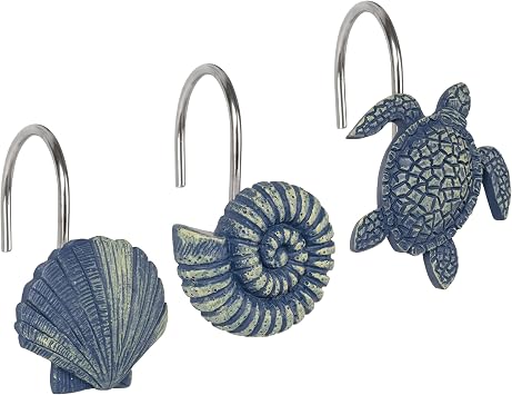 Sunlit Seashells Decorative Shower Curtain Hooks, Blue Scallop Nautilus & Sea Turtle Shower Curtain Rings, Resin, Nautical Bathroom Decoration Beach Shower Curtain Hooks-12 Pack