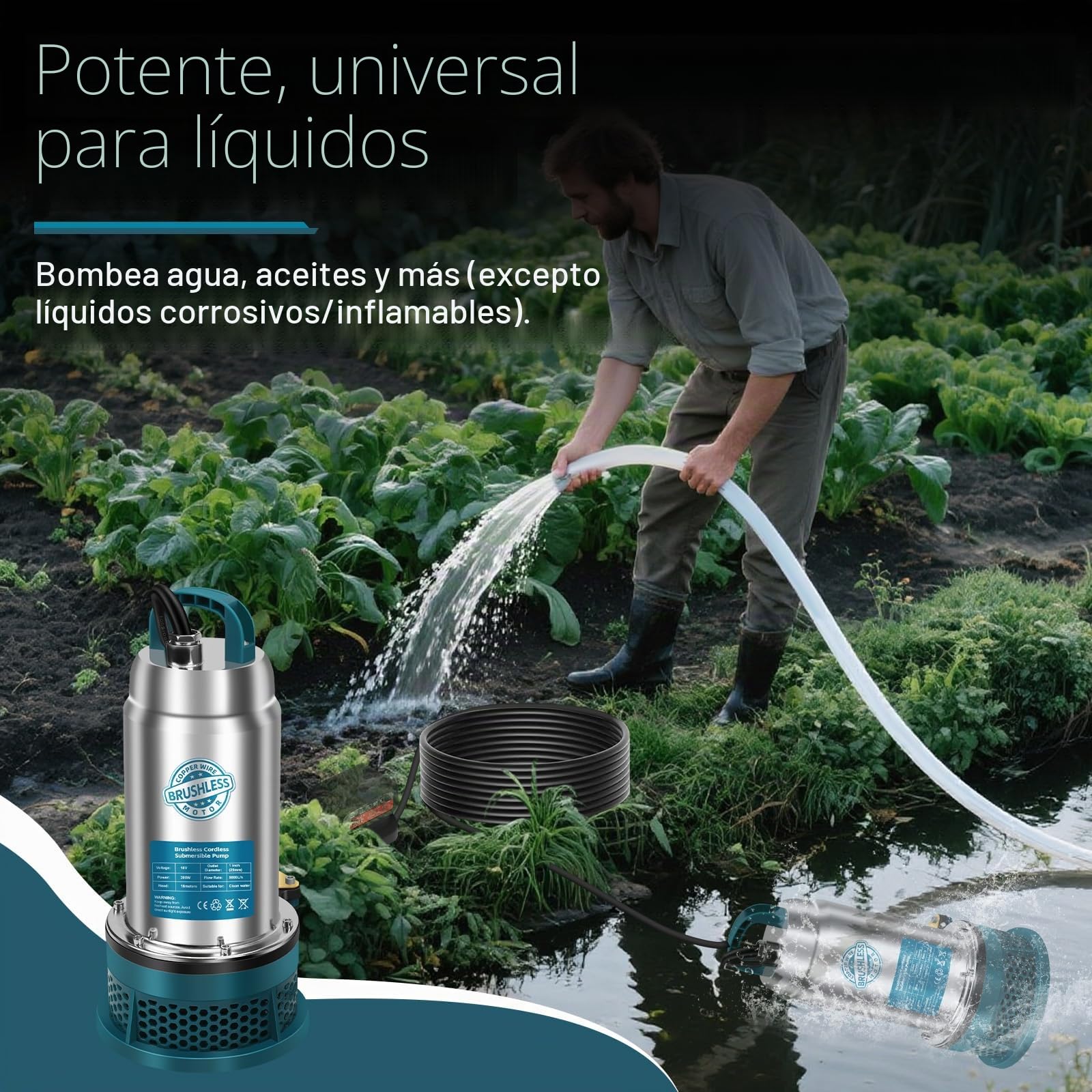 Bomba sumergible compatible con batería Makita de 18 V (sin batería) – 5000L/H Bomba de agua inalámbrica con manguera de 10 m, cable de conexión de 5 m, ideal para piscina, cama de agua, riego de