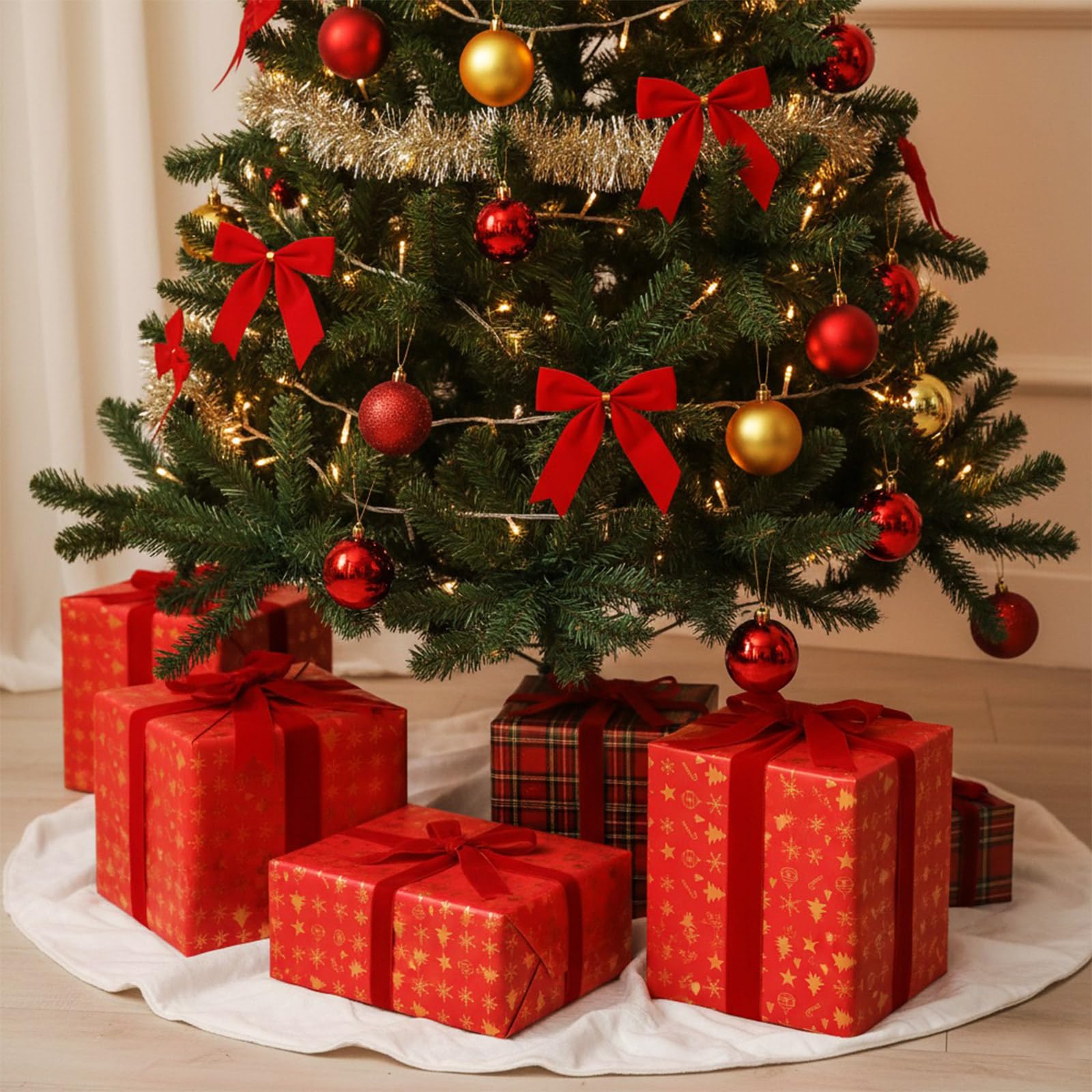 Syhood Ruban de velours de Noël avec bord doré imperméable pour décoration de couronne de Noël, nœuds, décorations florales (6,3 cm x 91,4 m, écarlate)
