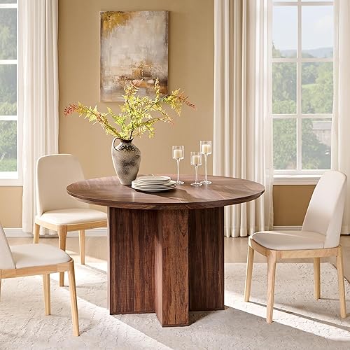 Miniatura 8 de OKD Mesa de comedor redonda de 47 pulgadas para 4-6, mesa de comedor moderna orgánica con borde de mesa grueso, base de pedestal cruzado, mesas de