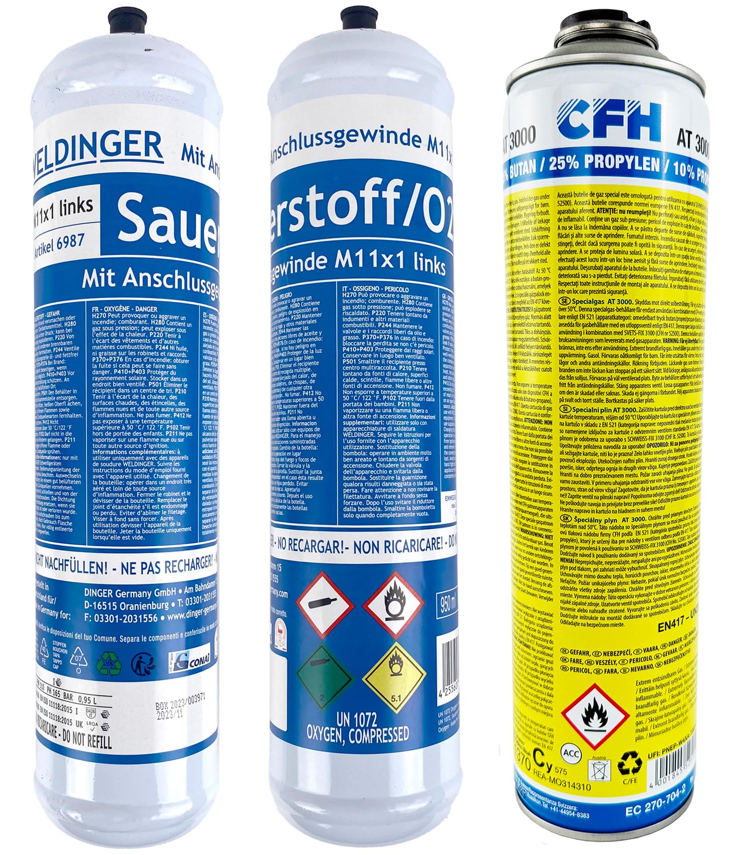Set 2x Sauerstoff Einwegflaschen 1x Brenngas AT3000 für CFH Schweißfix