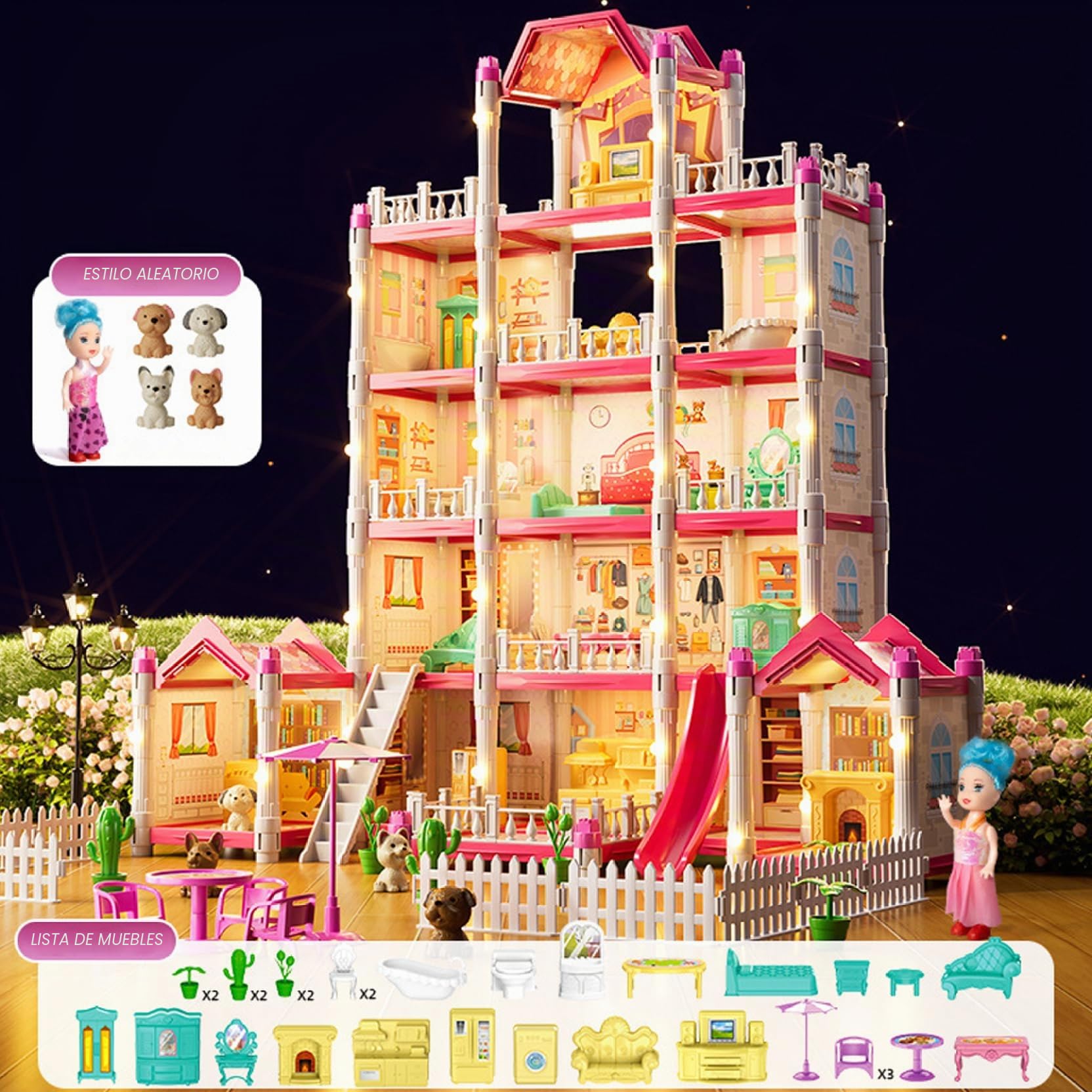 1 Juego de casa de muñecas de 5 Pisos, 14 Habitaciones, casa de muñecas de Lujo para niña, Castillo de Princesa DIY con muñeca, Cachorro, Muebles y Accesorios, Juguetes navideños de ensueño para niñ